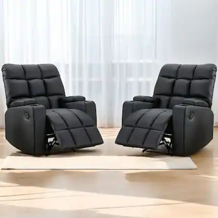 Front. Bestier - Set of 2 33.5 in. W Faux Leather Manual Recliner with Massage and Arm Storage and 2 Cup Holders - Black.