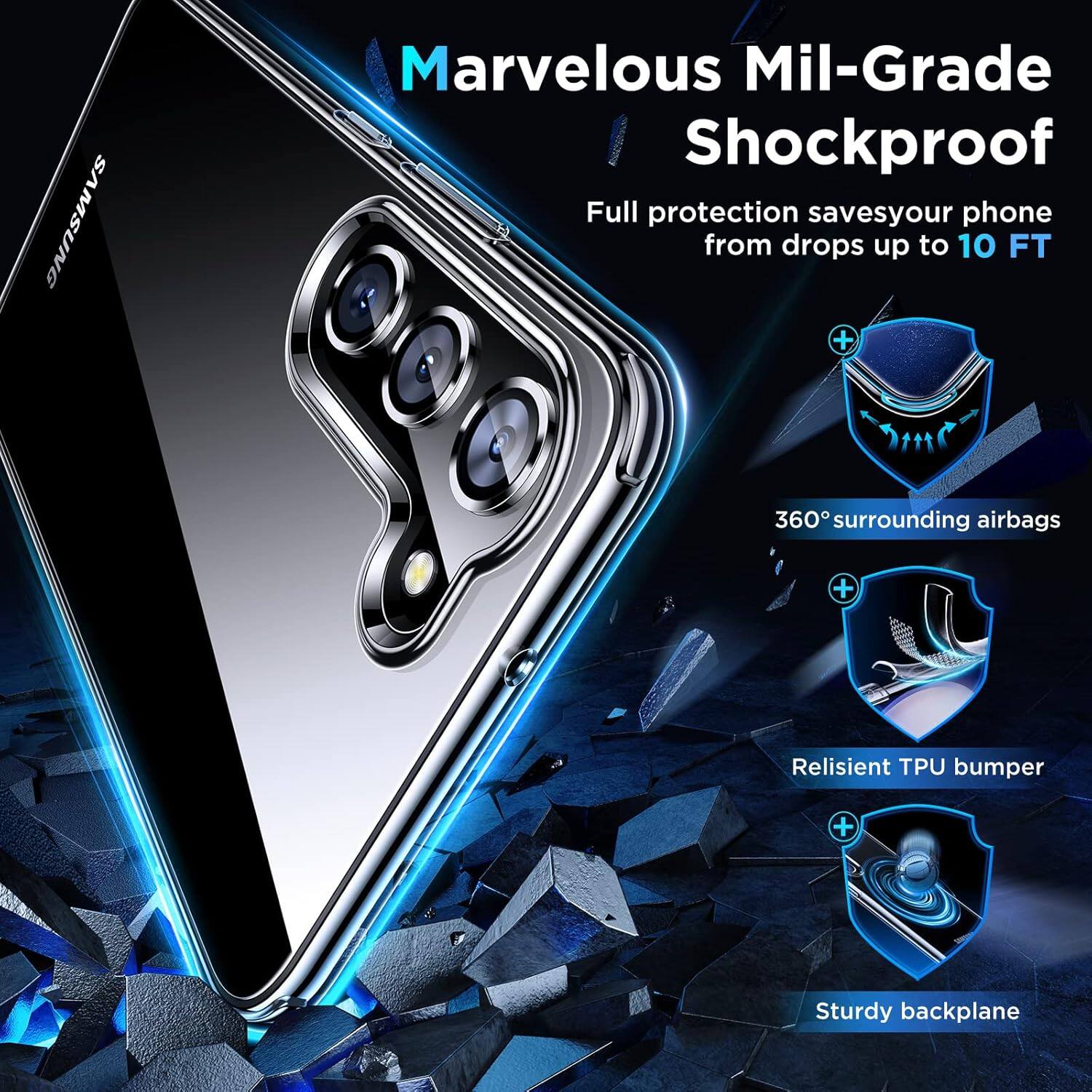 SAMSUNG Marvelous Mil-Grade Shockproof Full protection saves your phone from drops up to 10 FT + 360° surrounding airbags + Reliable TPU bumper + Sturdy backplane