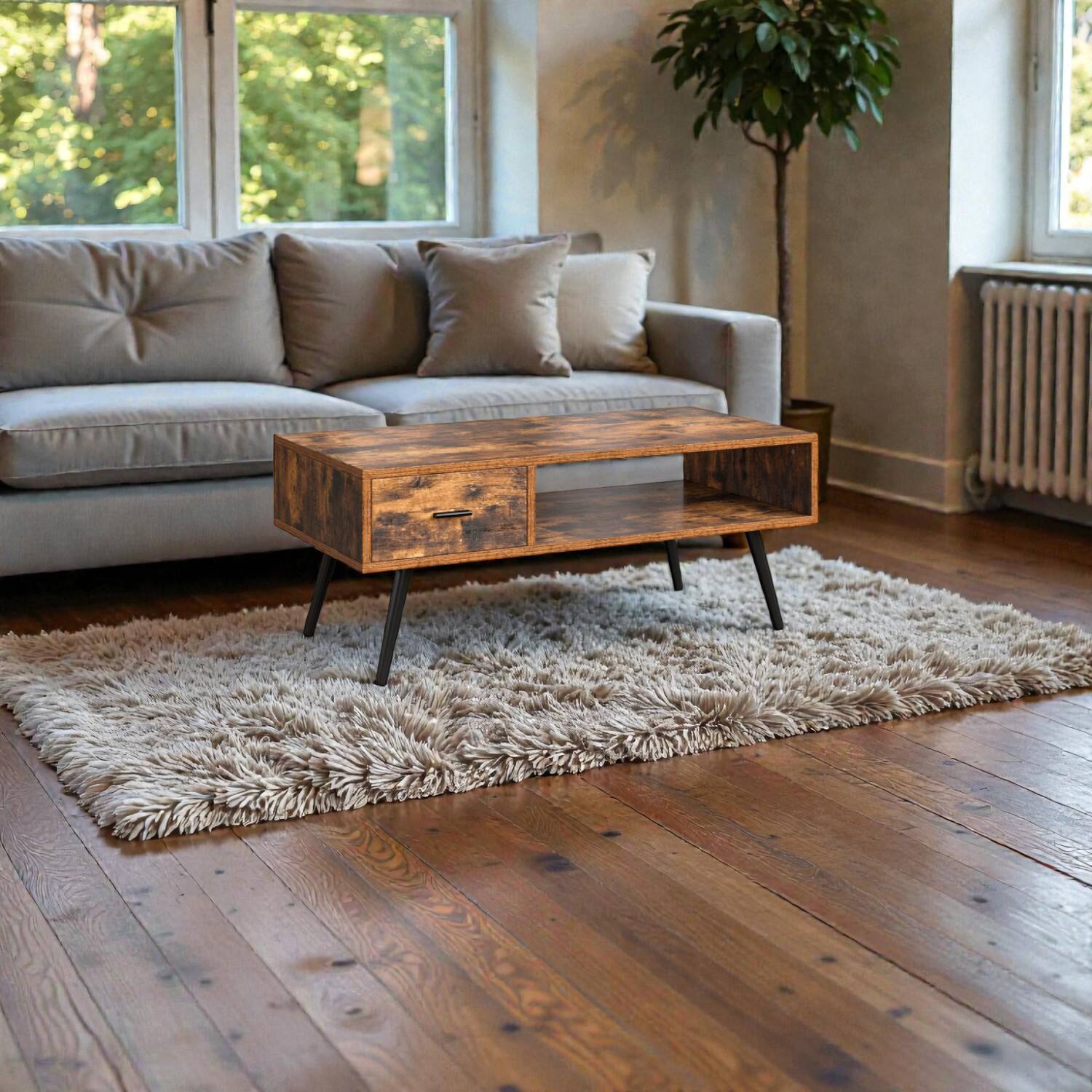 Front. Hivvago - Classic Rectangular Living Room Table with Storage Compartment and Shelf - Rustic Brown.