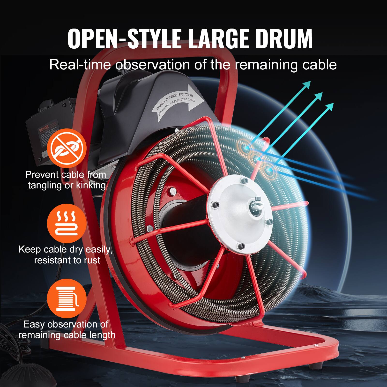 OPEN-STYLE LARGE DRUM
Real-time observation of the remaining cable
Prevent cable from tangling or kinking
Keep cable dry easily, resistant to rust
Easy observation of remaining cable length