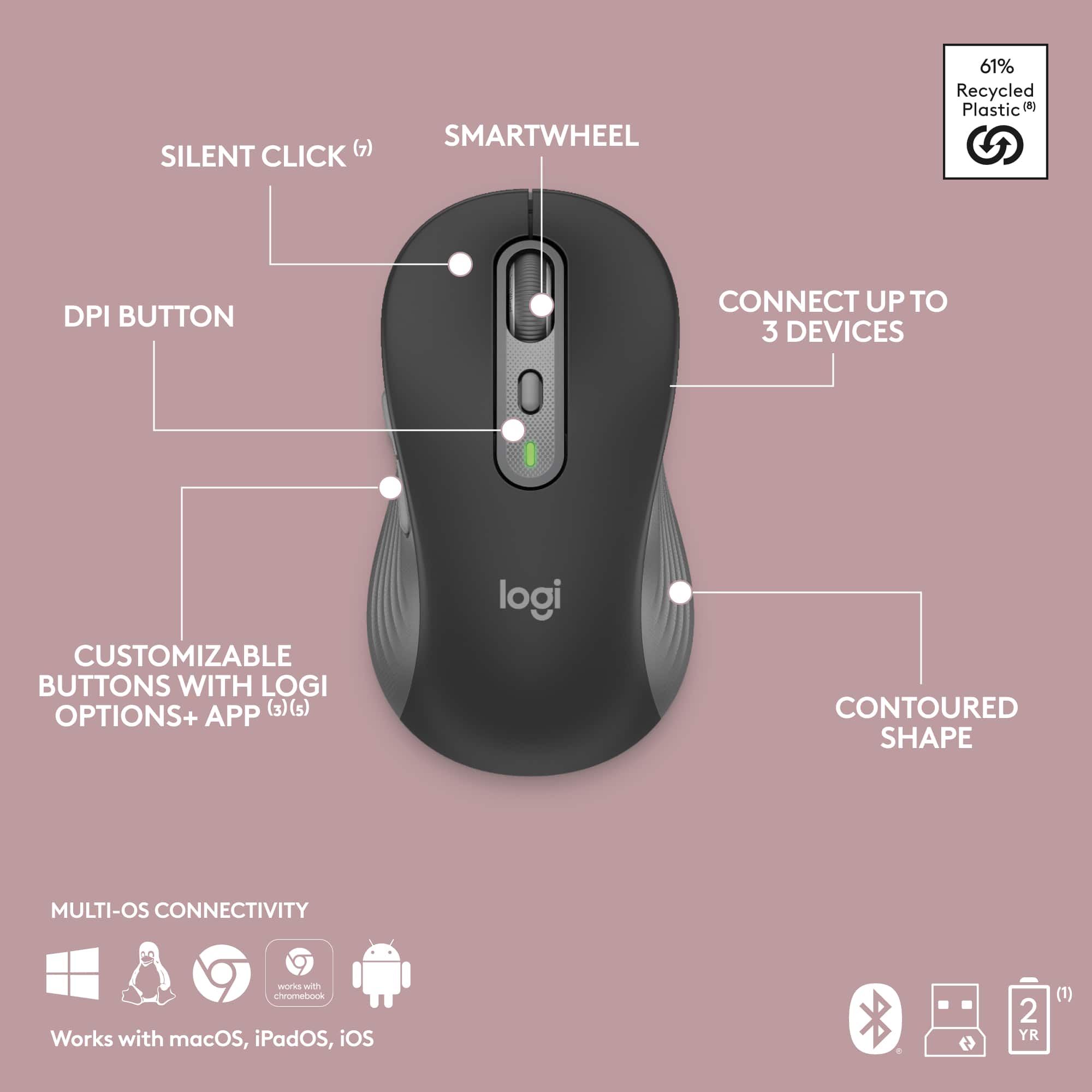 Silent Click (7) SmartWheel (61% Recycled Plastic) DPI Button Connect Up to 3 Devices Customizable Buttons with Logi Options+ App (3) Contoured Shape Multi-OS Connectivity Works with macOS, iPadOS, iOS - 2 YR (1)
