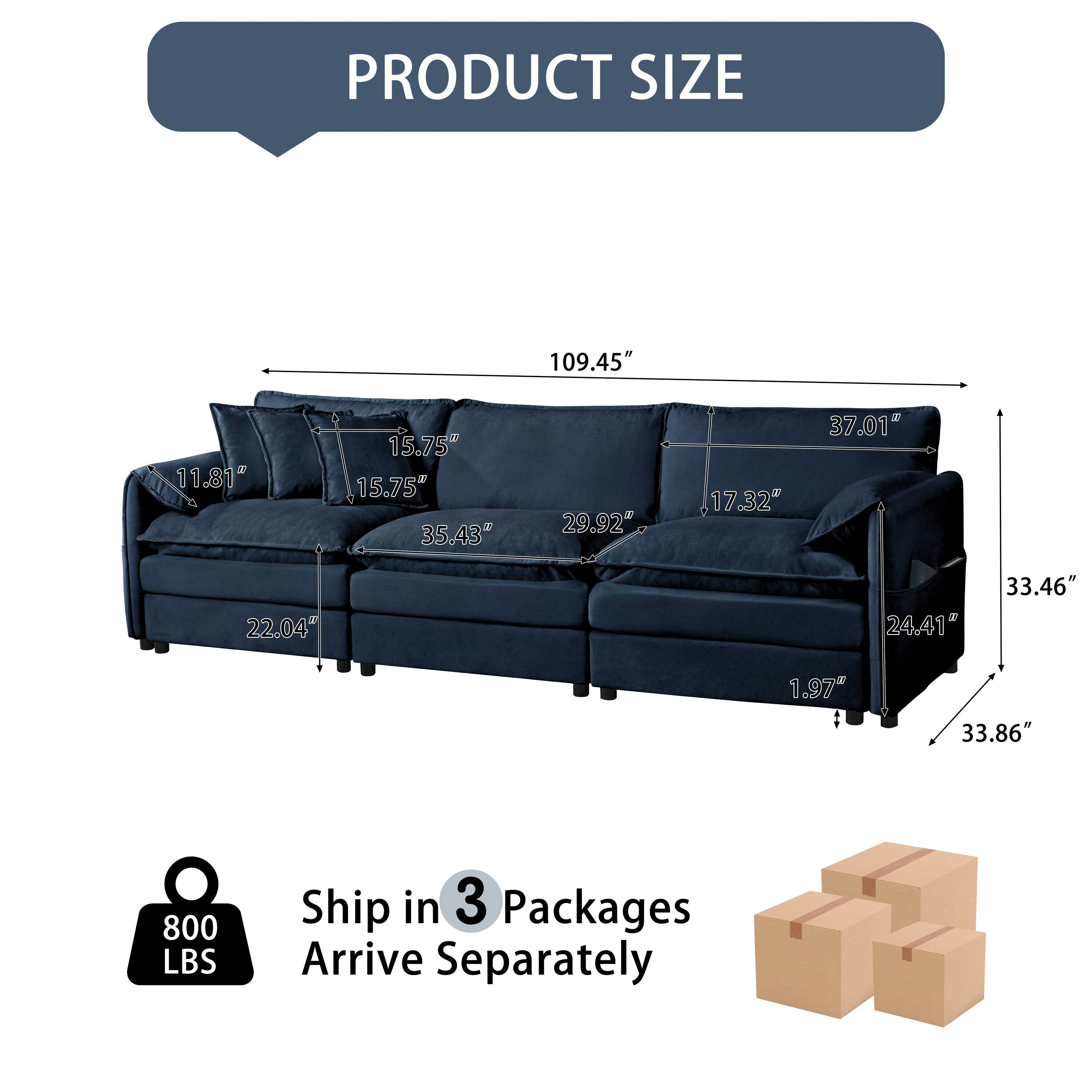 PRODUCT SIZE  
109.45" x 37.01" x 33.86"  
11.81" x 15.75" x 15.75" x 35.43" x 29.92" x 17.32" x 22.04" x 24.41" x 33.46" x 1.97"  
800 LBS  
Ship in 3 Packages  
Arrive Separately