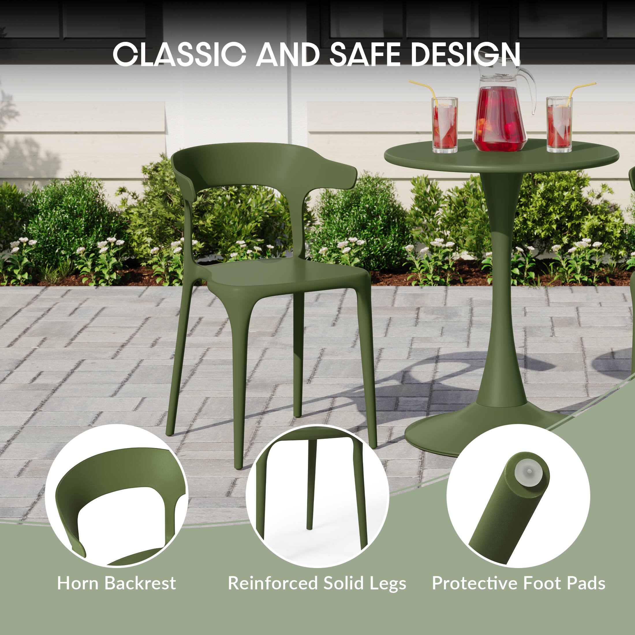 CLASSIC AND SAFE DESIGN

- Horn Backrest
- Reinforced Solid Legs
- Protective Foot Pads