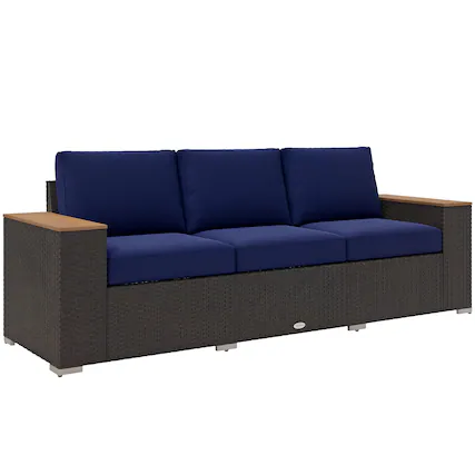 Front. Outsunny - 3-Seat Outdoor Patio Sofa with Cushions, PE Rattan Wicker Sofa with Wood Grain Wide Armrests, Outdoor Wicker Couch - Navy Blue.