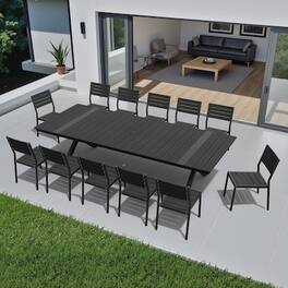 Crestlive Products - 13pc Patio Dining Set Aluminum Rectangle Table 12 Stackable Stationary Chairs No Armrest - Black-13PC