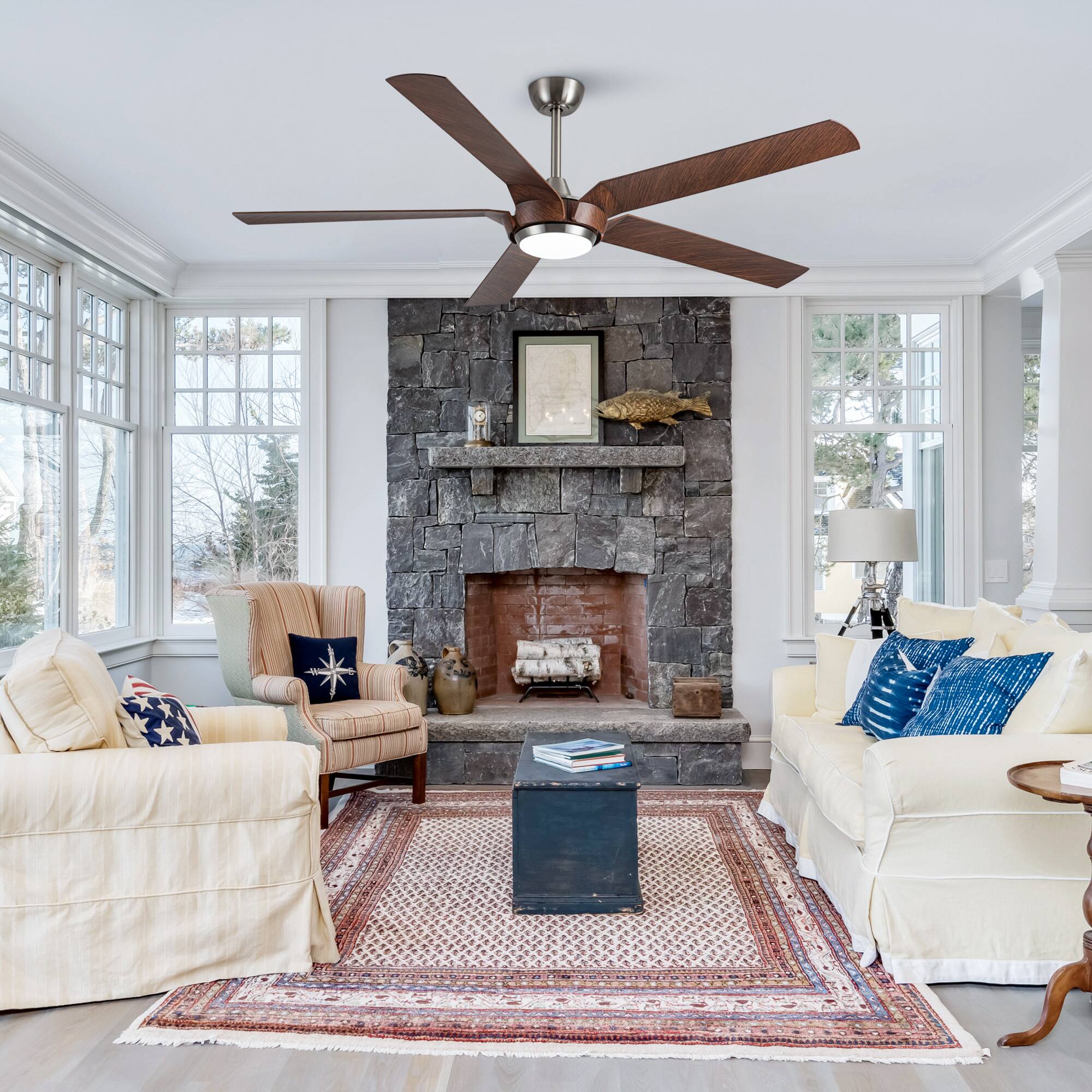 Alt View 1. Parrot Uncle - 65" Farmhouse Ceiling Fan with LED Light and Remote - Brushed Nickel.