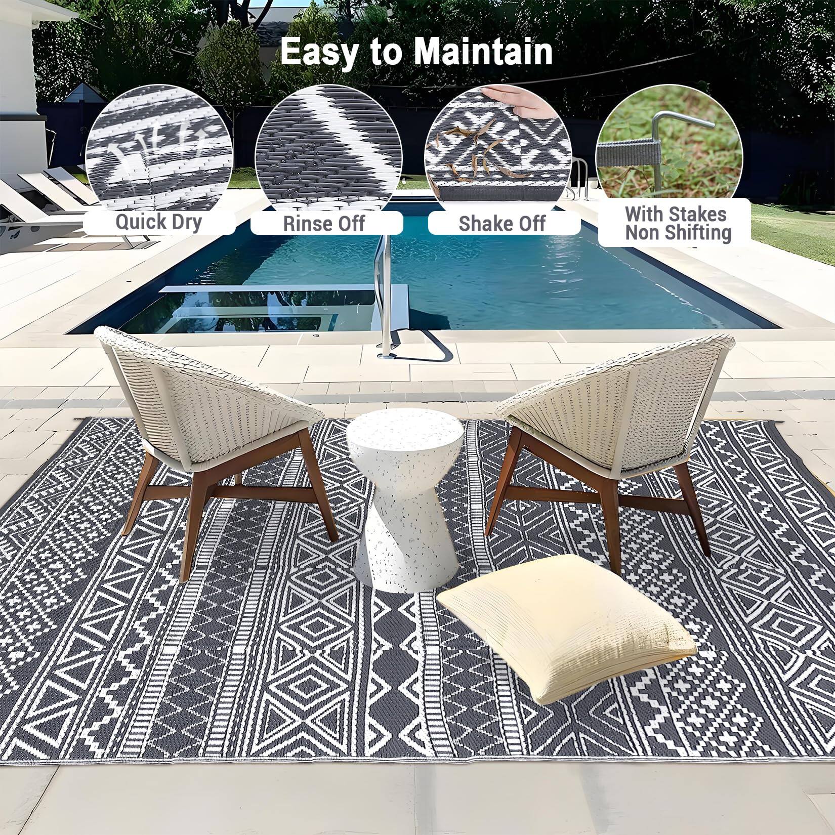 Easy to Maintain

- Quick Dry
- Rinse Off
- Shake Off
- With Stakes Non Shifting