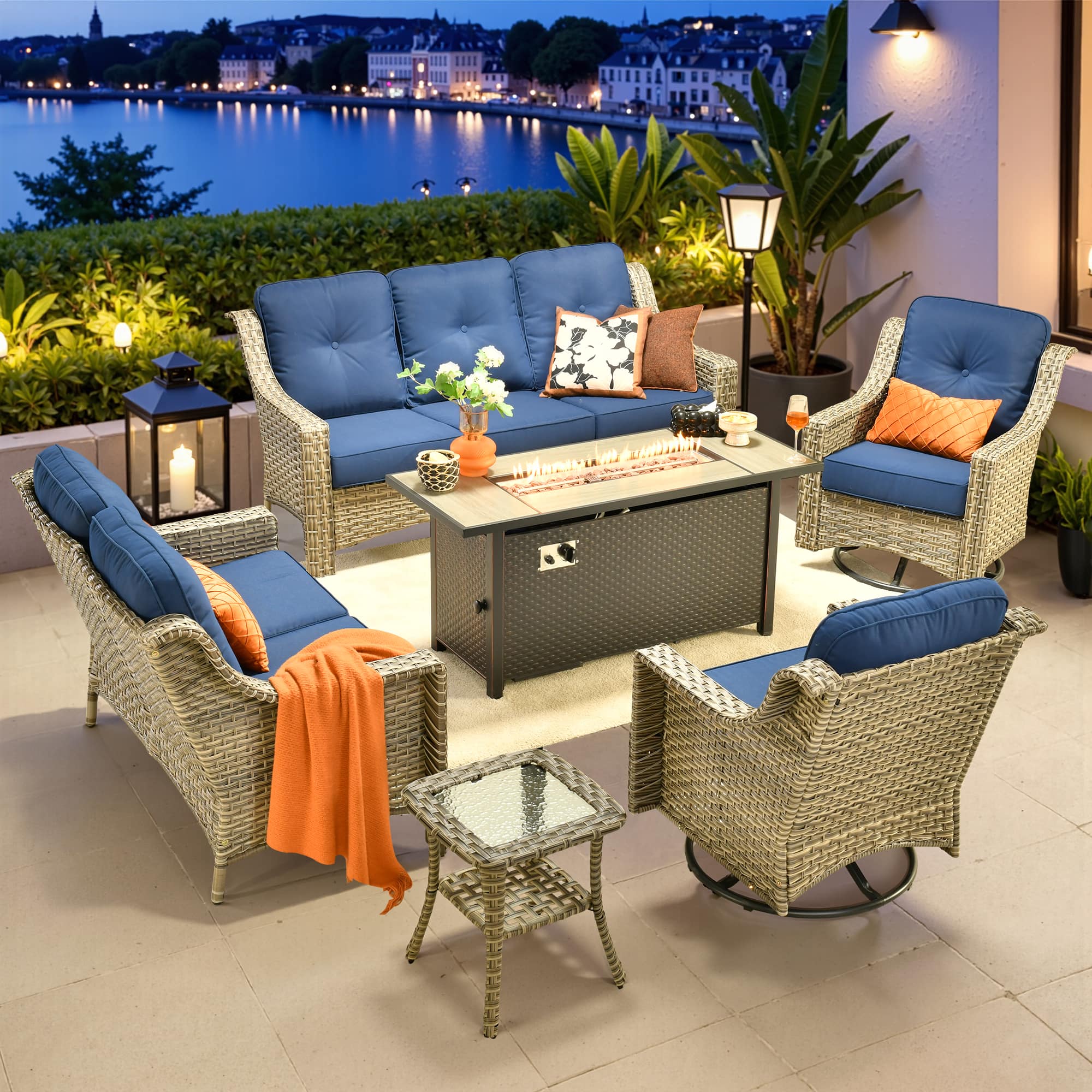 Ovios - 6 PCS Patio Furniture Set with 54" Fire Pit Table Comfy Loveseat with Swivel Chairs & Side Table - Navy Blue