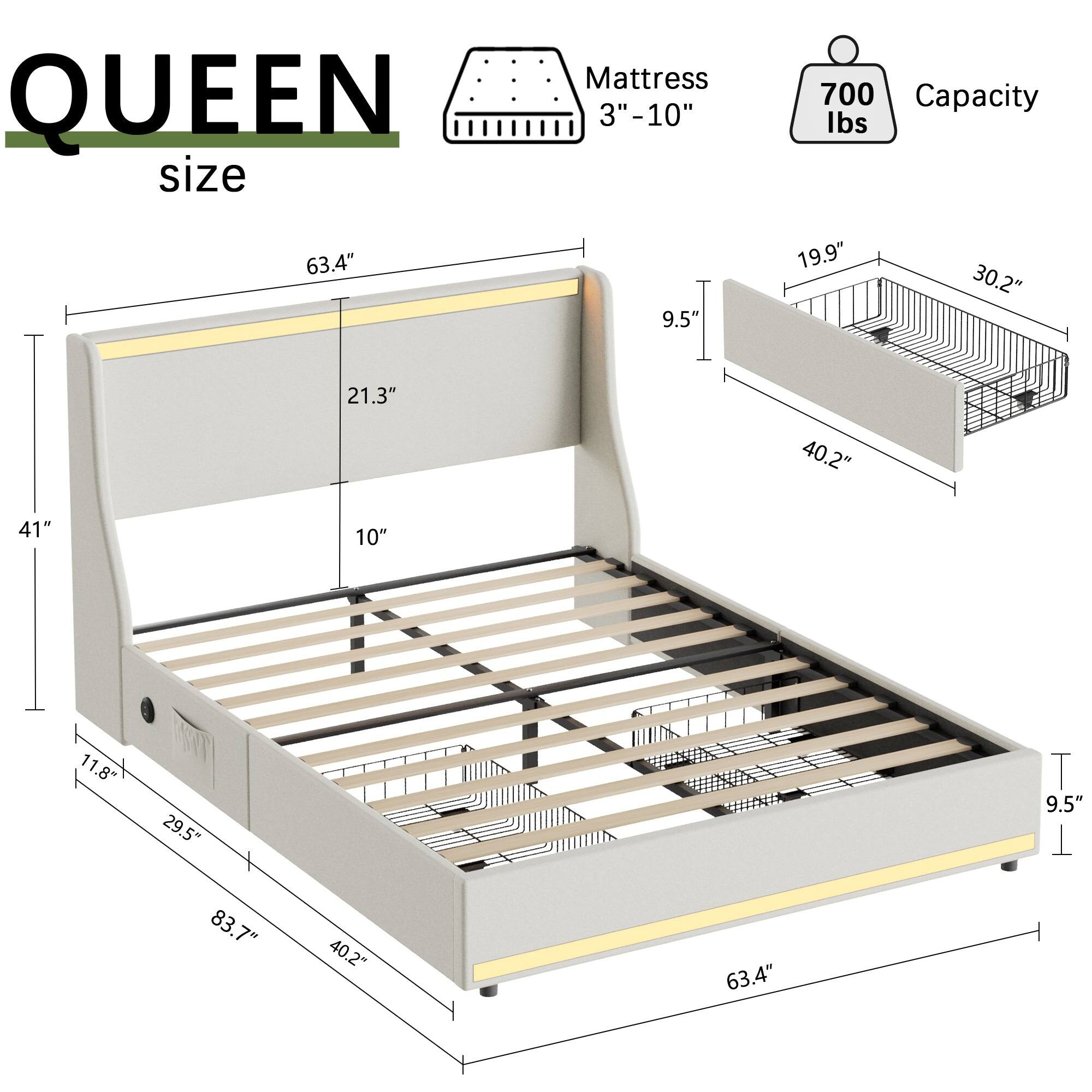 QUEEN size Mattress 3"-10" 700 Capacity lbs 63.4" 9.5" 19.9" 30.2" 21.3" 40.2" 41" 10" 11.8" 29.5" T 9.5" T 83.7" 40.2" 63.4"