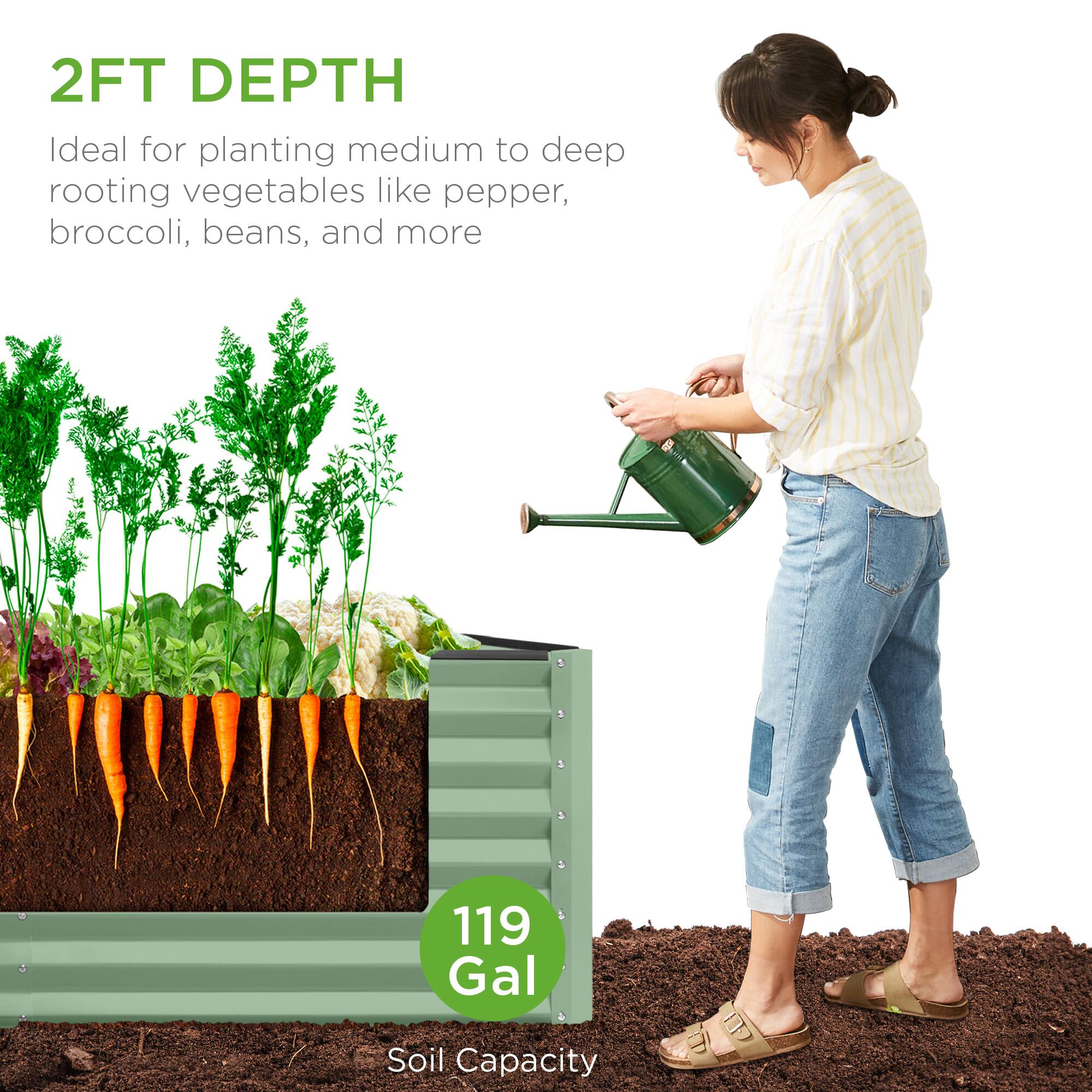 2FT DEPTH  
Ideal for planting medium to deep rooting vegetables like pepper, broccoli, beans, and more  

119 Gal  
Soil Capacity