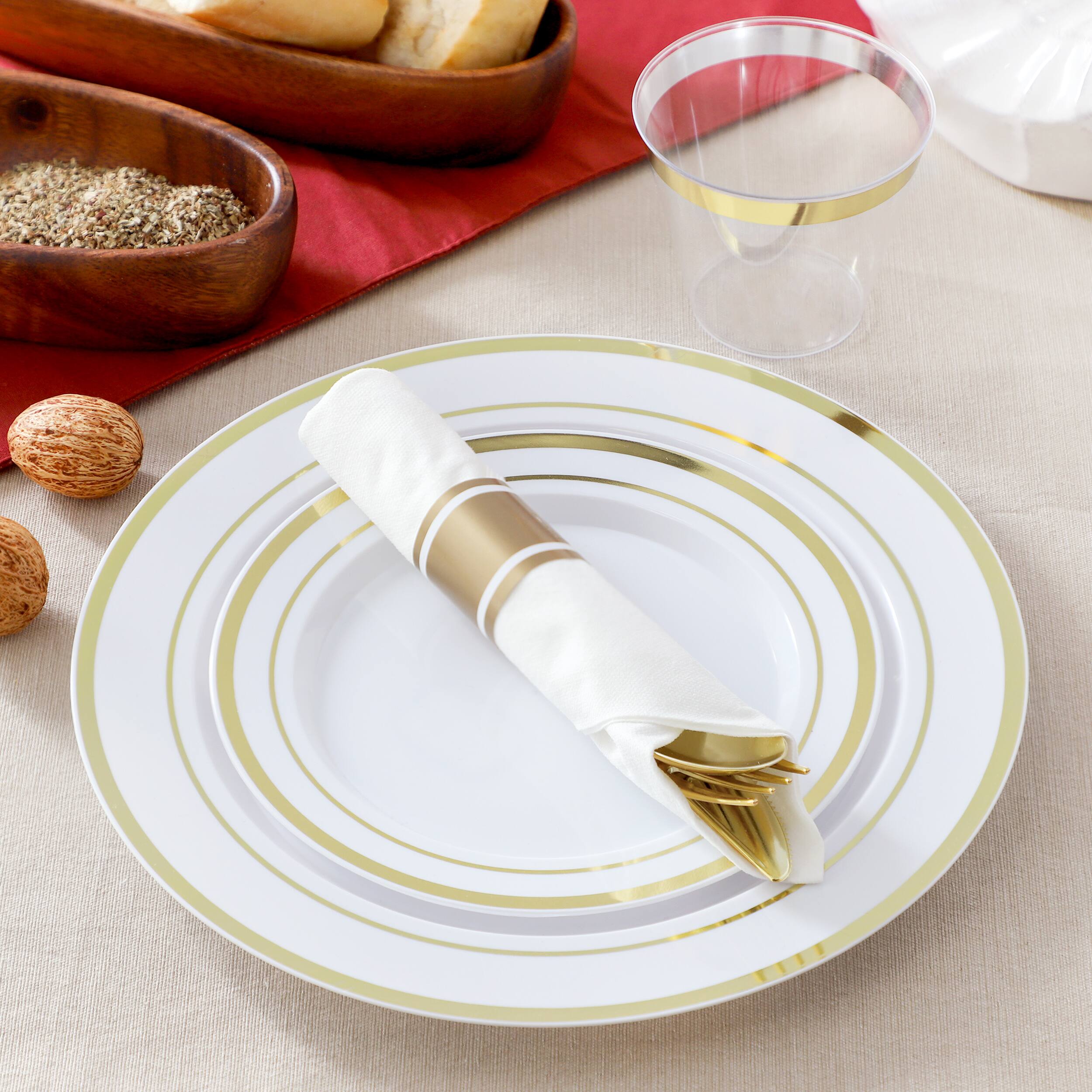 Alt View 6. Elama - Elama 350 Piece Disposable Plastic Dinnerware Party Set for 50 Guests in White with Gold Trim - White.