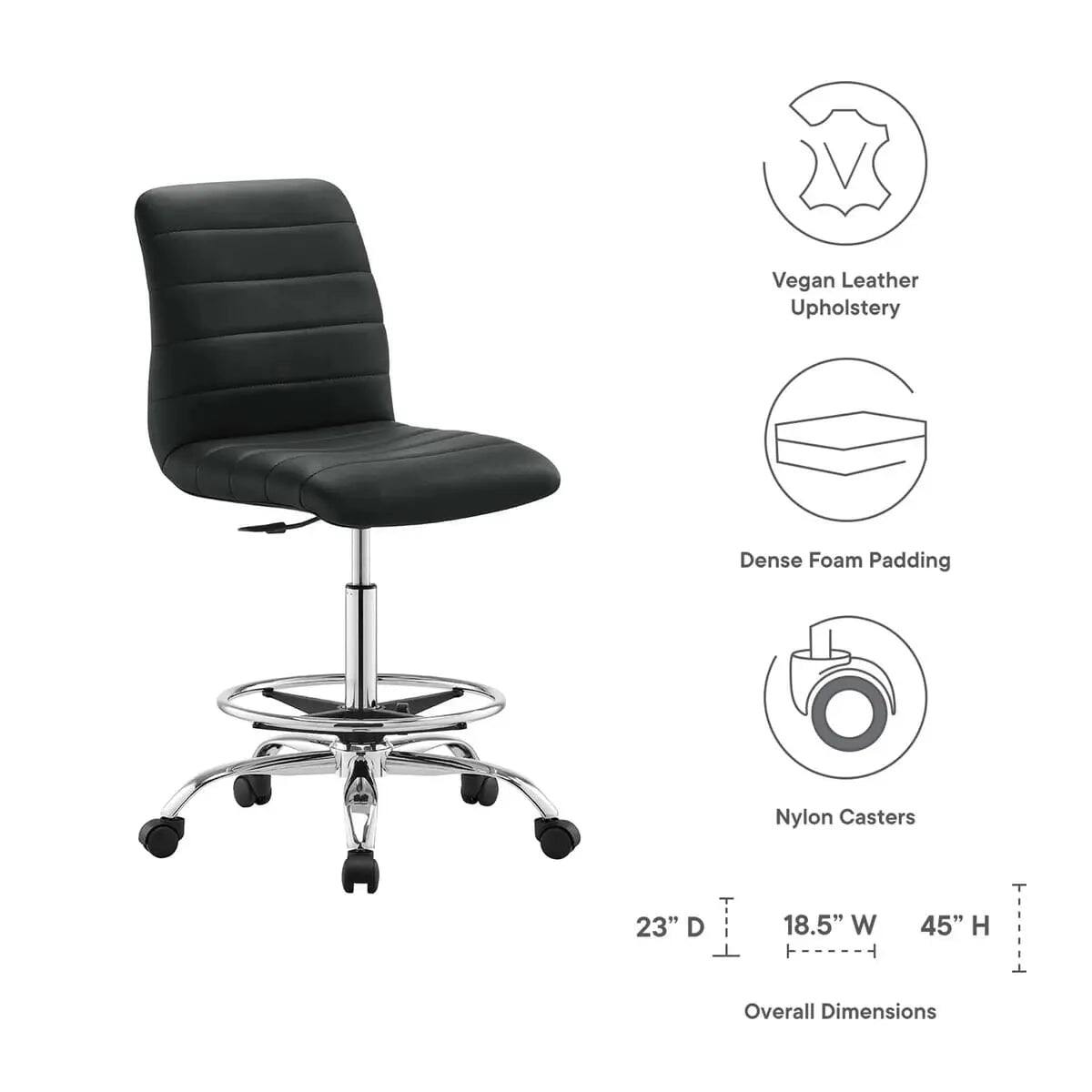 Vegan Leather Upholstery  
Dense Foam Padding  
Nylon Casters  

23" D  
18.5" W  
45" H  

Overall Dimensions