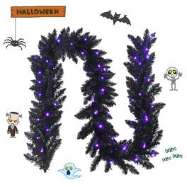 Gymax - 9FT Pre-lit Halloween Garland Christmas Rattan w/ LED Lights & Timer - Black