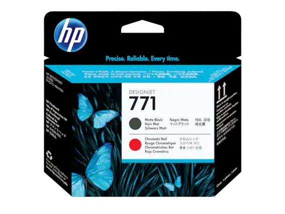 hp
Precise. Reliable. Every time.
Ner Cee Prcise of fiable. A chaque impression. / Prziso. Zuverlossig. Jedesmal.
HP uther AF Seven Precisa. Fiable. En todo momento
DESIGNJET
771
Matte Black
Negro Mate
Noir Mat
Schwarz Matt
Chromatic Red
Rouge Chromatique
Chromatisches Rot
Rojo Cromático
HP Print Head
HP Druckkopf
HP Imprimante de tête
HP Impresora de cabeza
Store in upright position.
Conserve en posición vertical.
Conserva en posición vertical.
Position upright.
Store in upright position.
Free recycling options
For HP® cartridges at
www.hp.com/recycle
Cont. 1 pieza / 1 piece