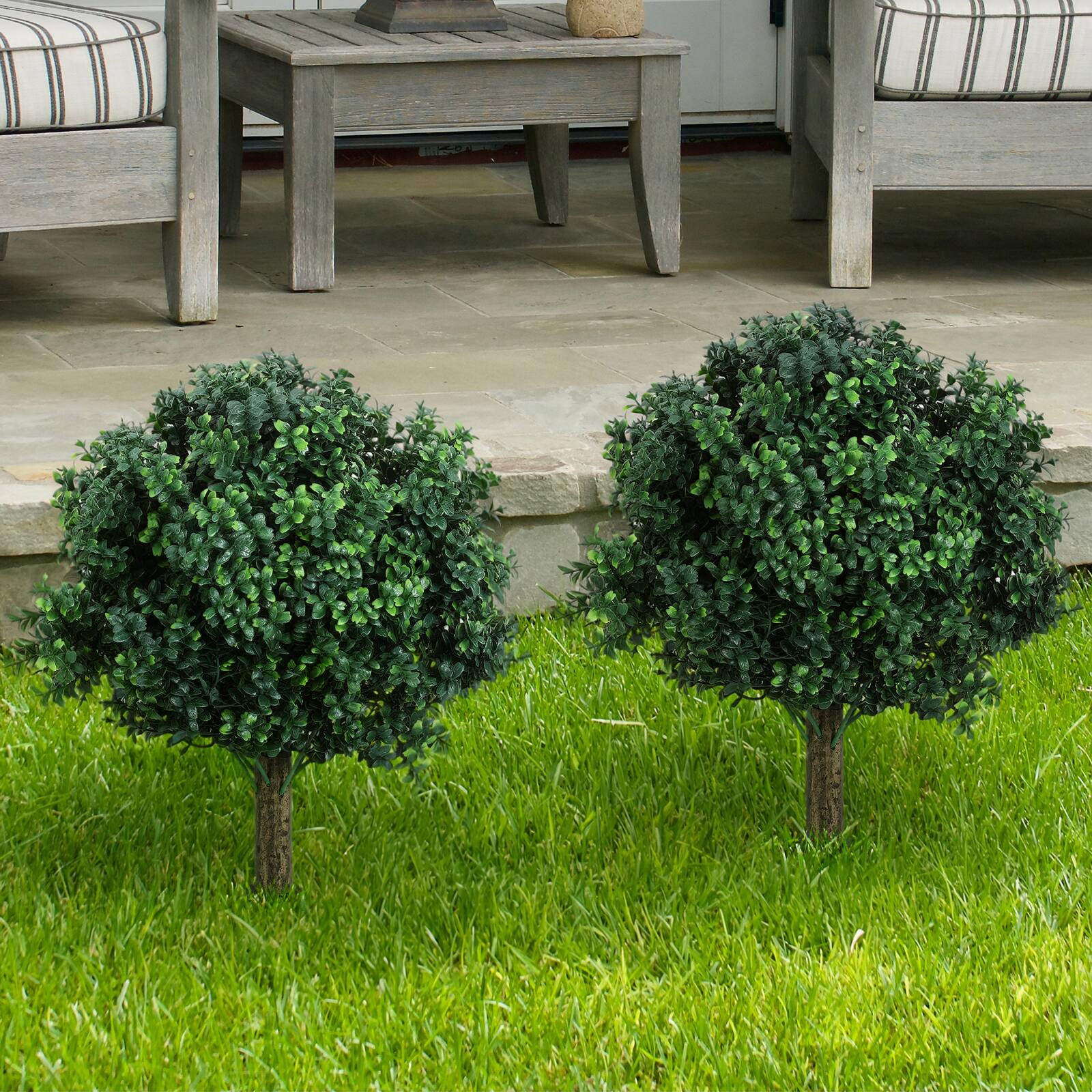 Oumilen - 2PCS Artificial Boxwood Topiary Ball Tree with Stake, UV-Resistant Fake Plant for Indoor Outdoor Home, Garden