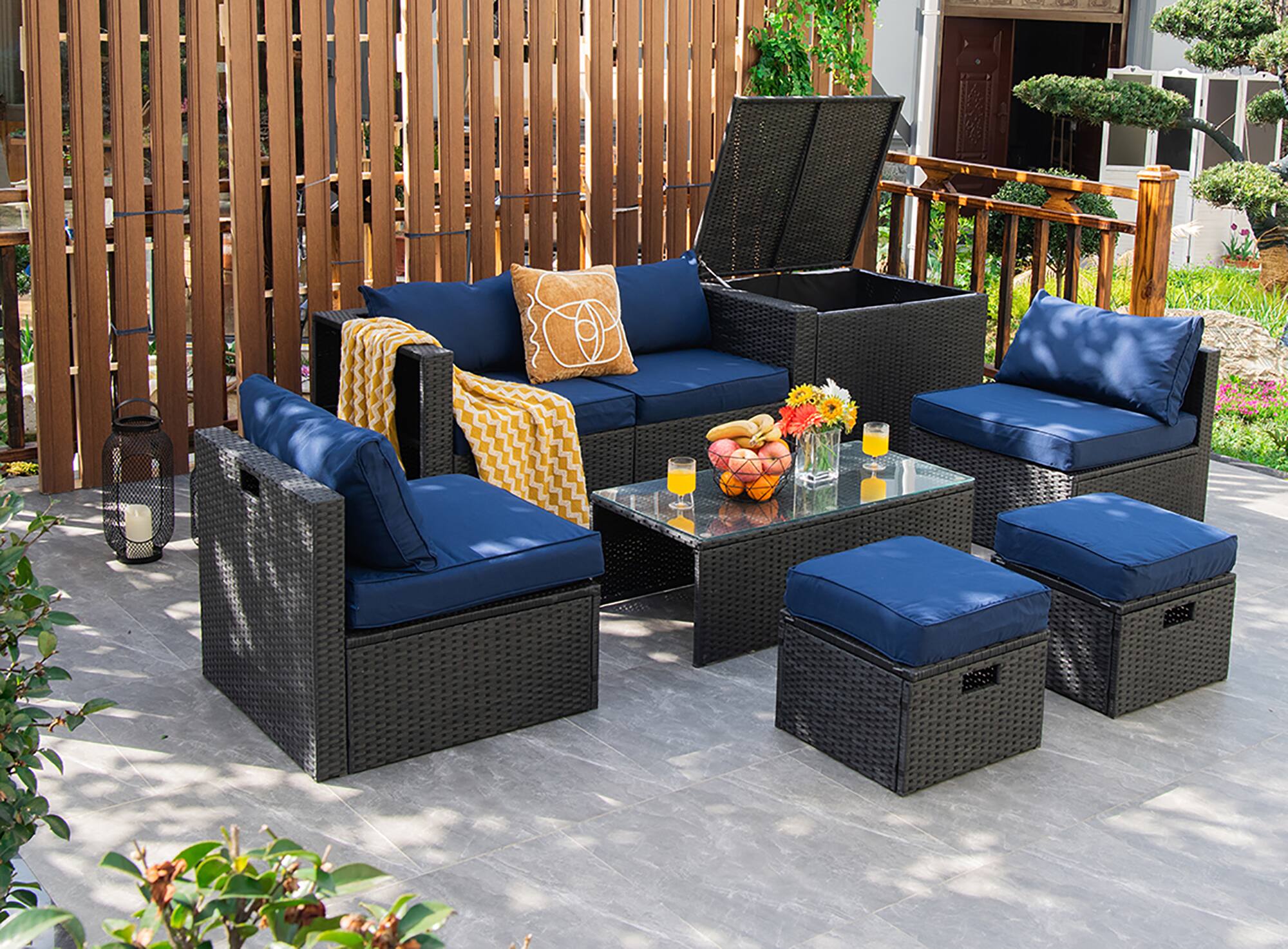 Alt View 1. Costway - Costway 8PCS Patio Rattan Furniture Set Storage Table Ottoman cover - Blue.