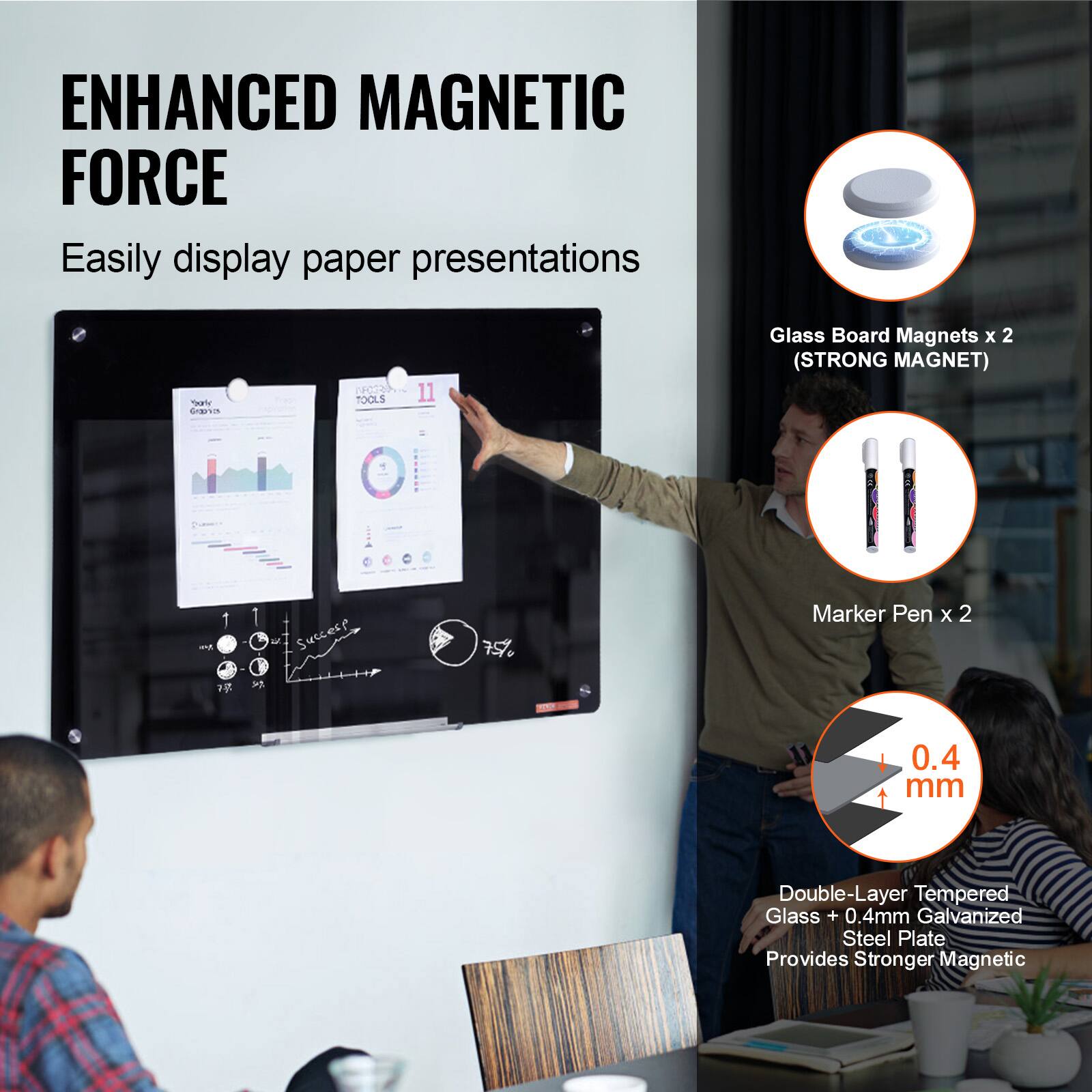 ENHANCED MAGNETIC FORCE  
Easily display paper presentations  

Glass Board Magnets x 2 (STRONG MAGNET)  
Marker Pen x 2  

Double-Layer Tempered Glass + 0.4mm Galvanized Steel Plate  
Provides Stronger Magnetic  

0.4 mm