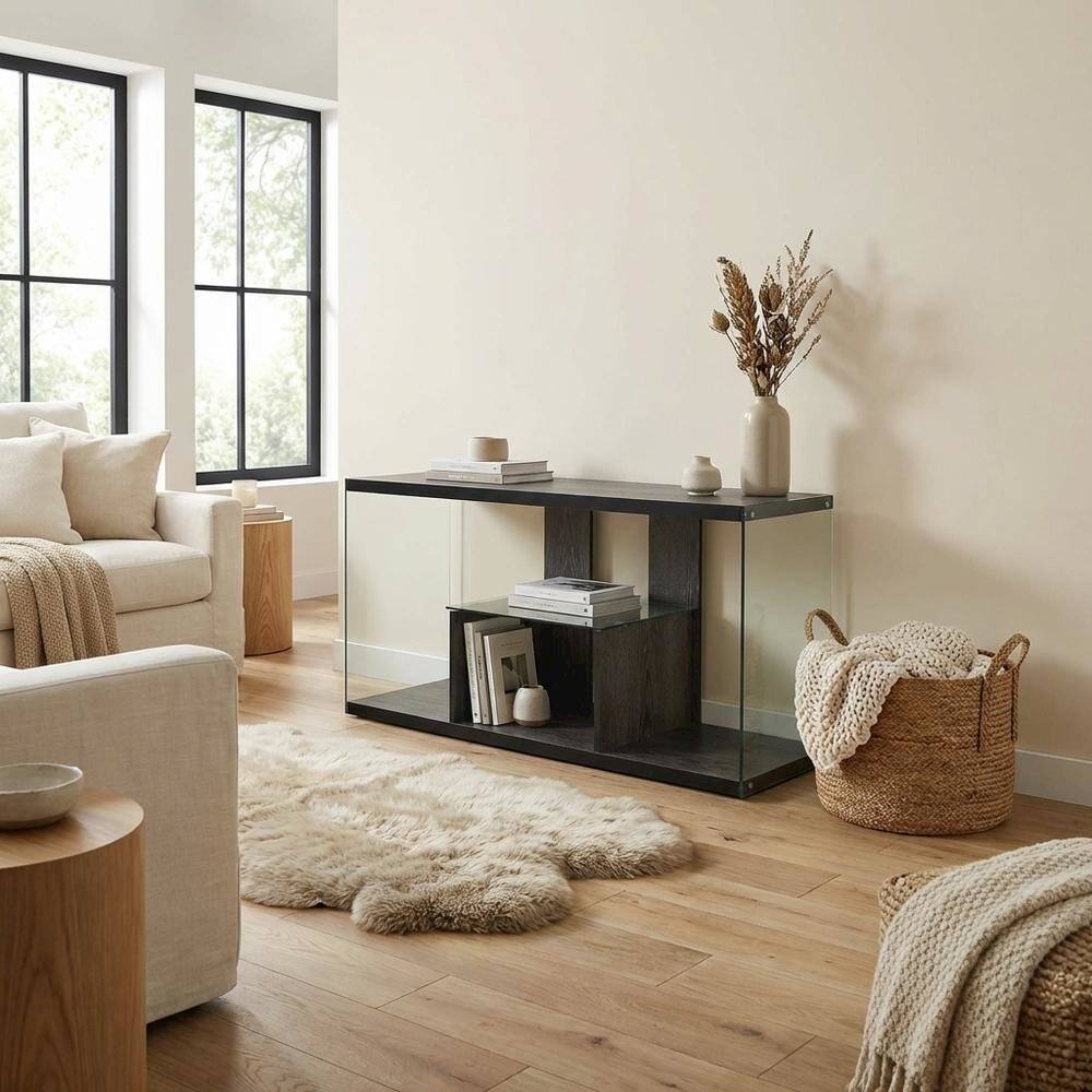 Alt View 2. FurniFact - Weathered Gray TV Stand with Tempered Glass and PVC Edge Banding - Multicolor.
