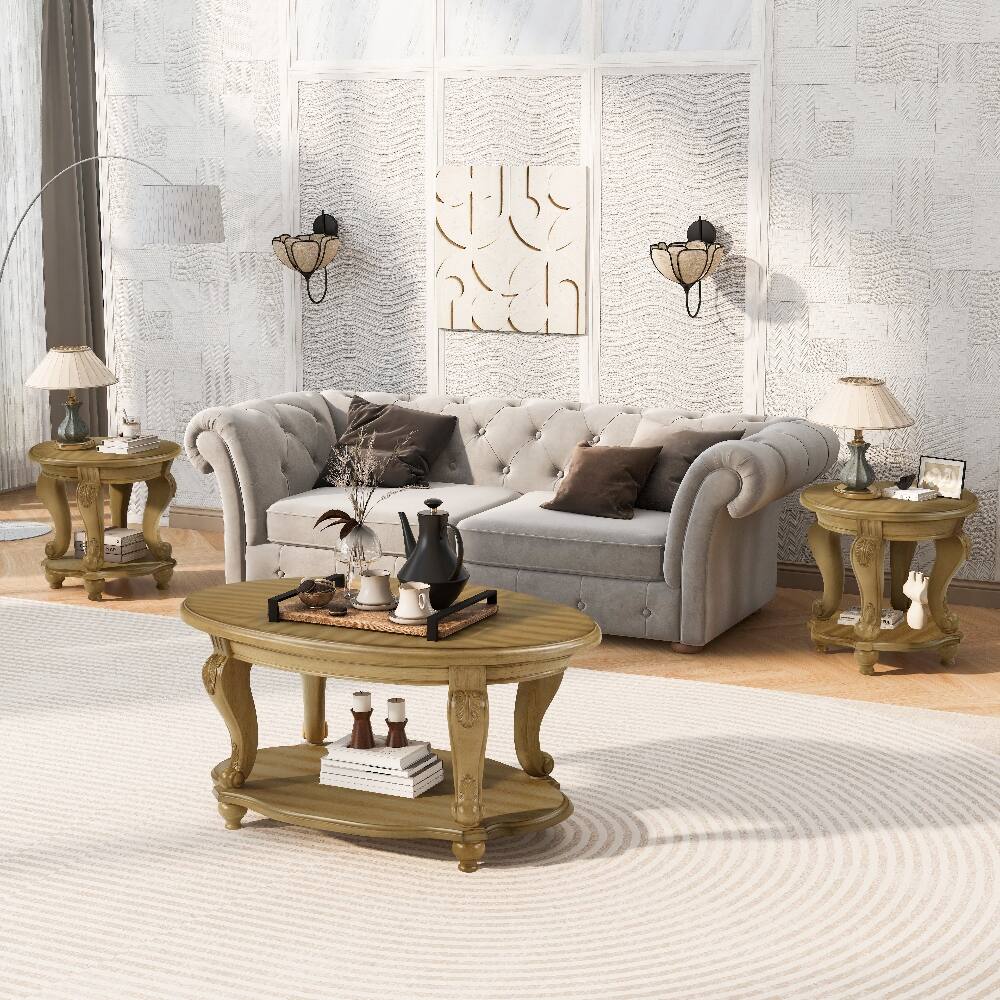 Angle. Loheer - Loheer 3-Piece Coffee Table Set Antique Natural Solid Wood Oval Coffee Table & 2 Round End Side Tables for Living Room - Antique Natural.