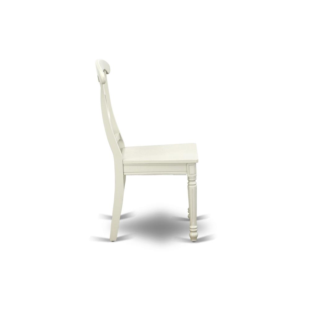 Angle. East West Furniture - AMKE3-LWH-W 3 Piece Dining Set - 1 Pedestal Table and 2 Linen White Wooden Kitchen Chairs - Linen White Finish - Linen White.