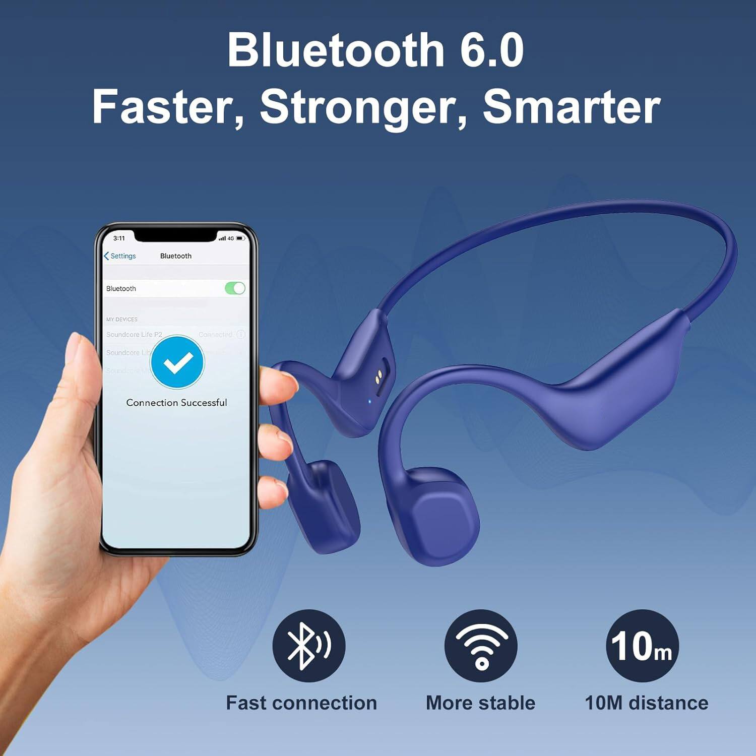Bluetooth 6.0 Faster, Stronger, Smarter

- 2:11 - 40 Settings
- Bluetooth
- DEVICES
- Soundcore Life - Connected
- Connection Successful
- 10m Fast connection
- More stable
- 10M distance