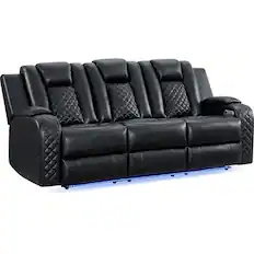 Front. Elements - Carlo Casual Power Reclining Sofa with Dropdown Table & Reading Light - Black.