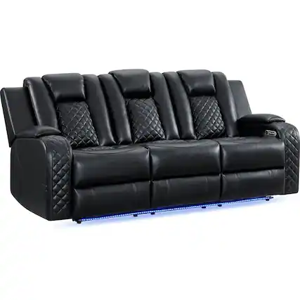 Front. Elements - Carlo Casual Power Reclining Sofa with Dropdown Table & Reading Light - Black.
