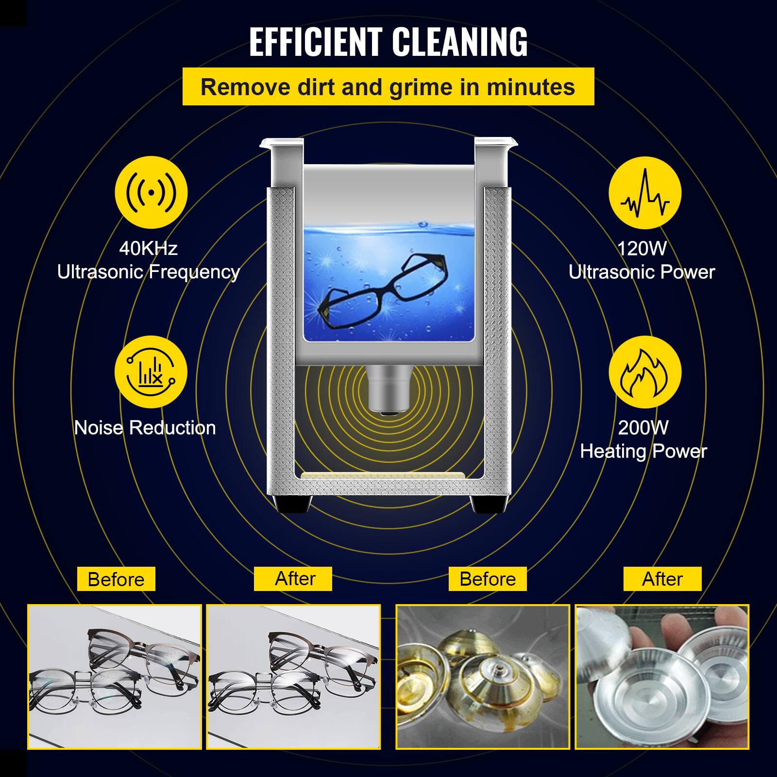 EFFICIENT CLEANING
Remove dirt and grime in minutes
40KHz Ultrasonic Frequency
120W Ultrasonic Power
Noise Reduction
200W Heating Power
Before After
Before After