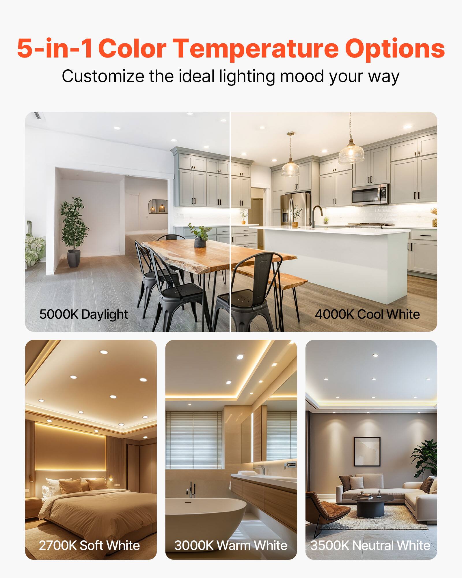 5-in-1 Color Temperature Options  
Customize the ideal lighting mood your way  

5000K Daylight  
4000K Cool White  
2700K Soft White  
3000K Warm White  
3500K Neutral White