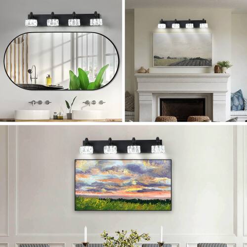 Alt View 2. LUCKY ONE - 4-Light Matte Black LED Vanity Light, Crystal Glass Shades Bathroom Wall Sconce for Mirror - Black.