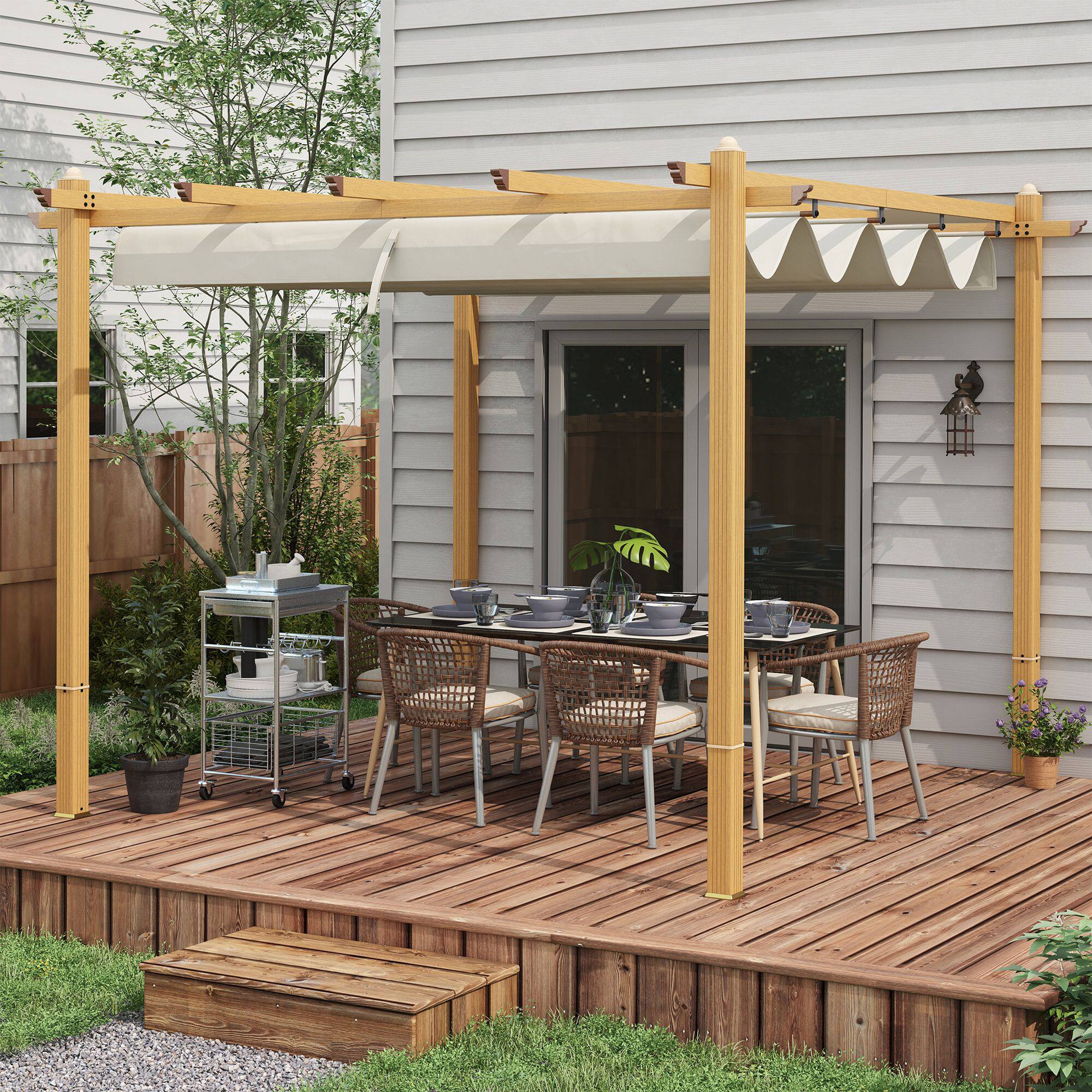 Angle. Outsunny - 10' x 10' Retractable Pergola Canopy, Wood Grain Aluminum Pergola, Outdoor Sun Shade Shelter for Grill, Garden, Patio - Cream White.
