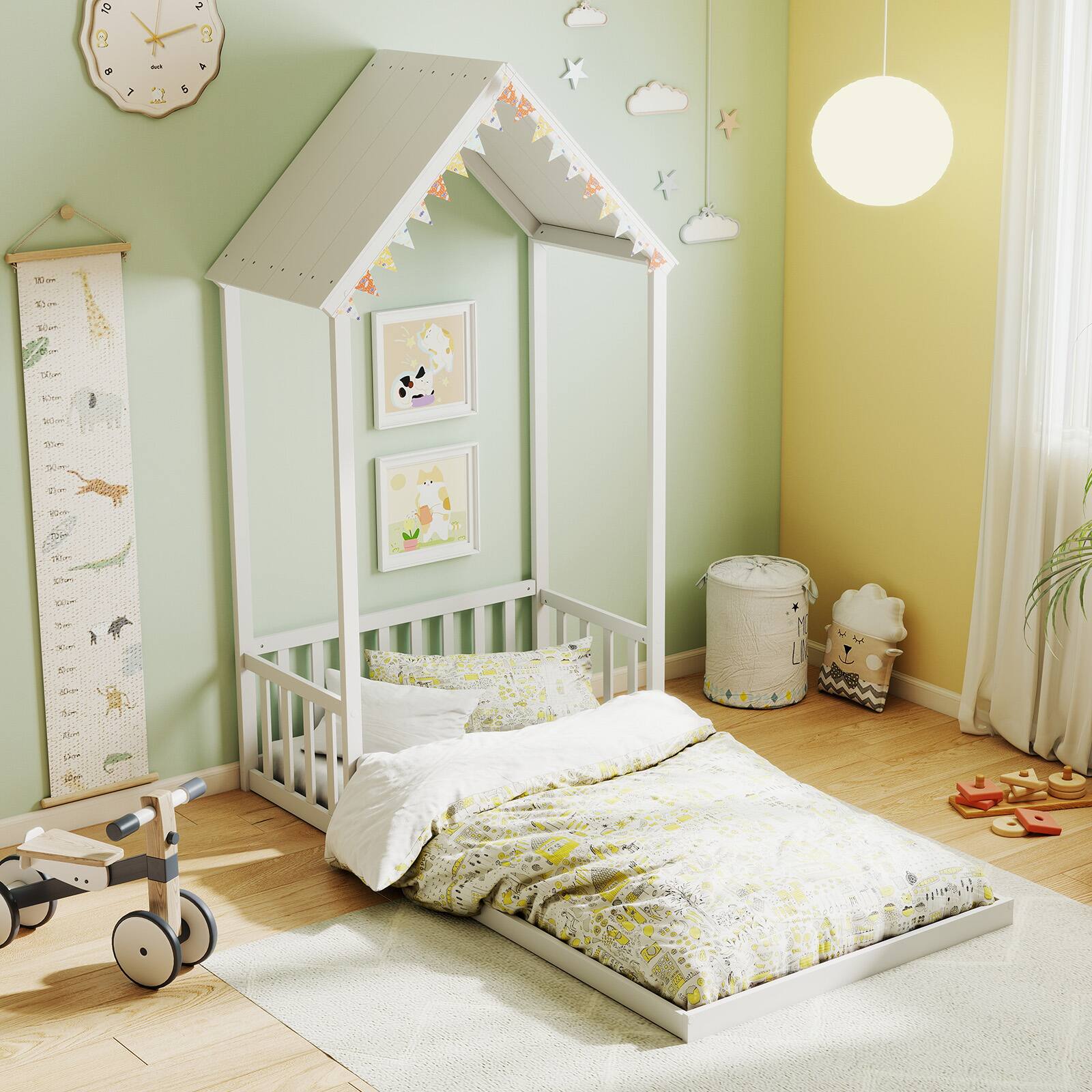 Alt View 1. Costway - Costway Twin Size House Bed Montessori Floor Bed with House Shape Roof & Semi-Fence - White.