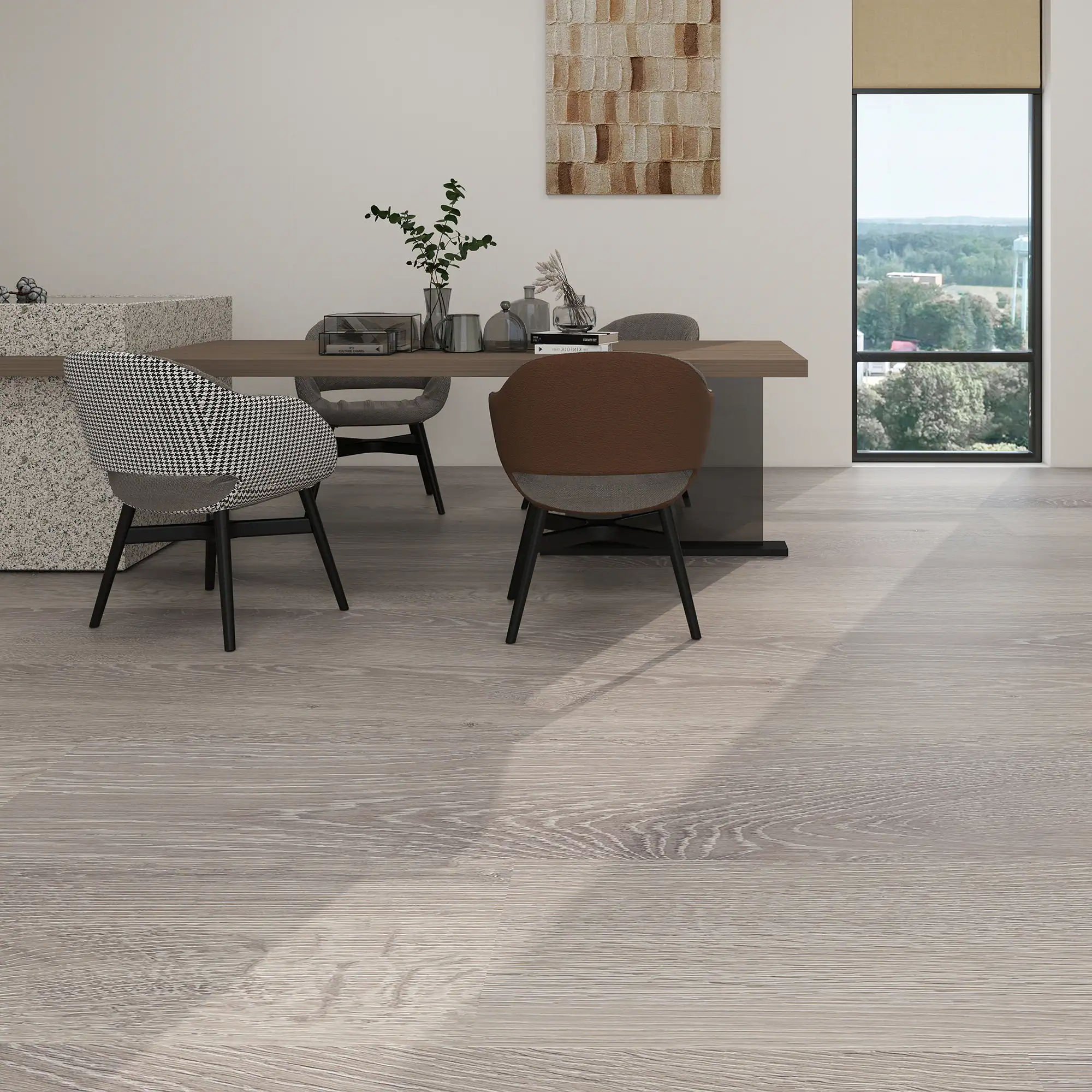 Angle. Dotfloor - Superoak PLUS Laminate Flooring - 72.7"x9.6" Planks, 6 Planks/Box (27.09 sq ft/Box), 12mm Thick, AC5 Wear Rating - Espresso Oak.