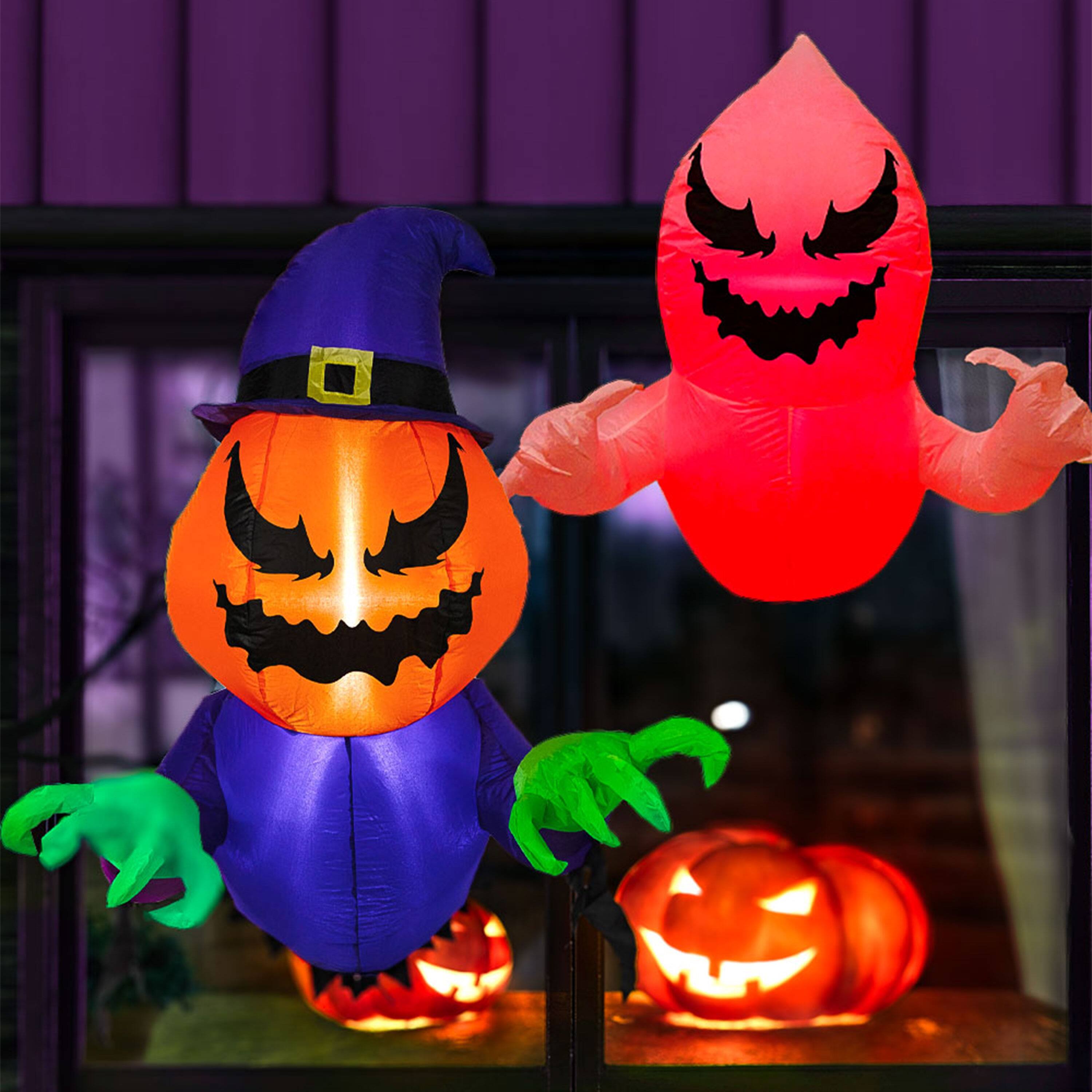 Alt View 9. Sunnydaze - Pumpkin Jack and Ghost Window Inflatable Halloween Decoration - White.