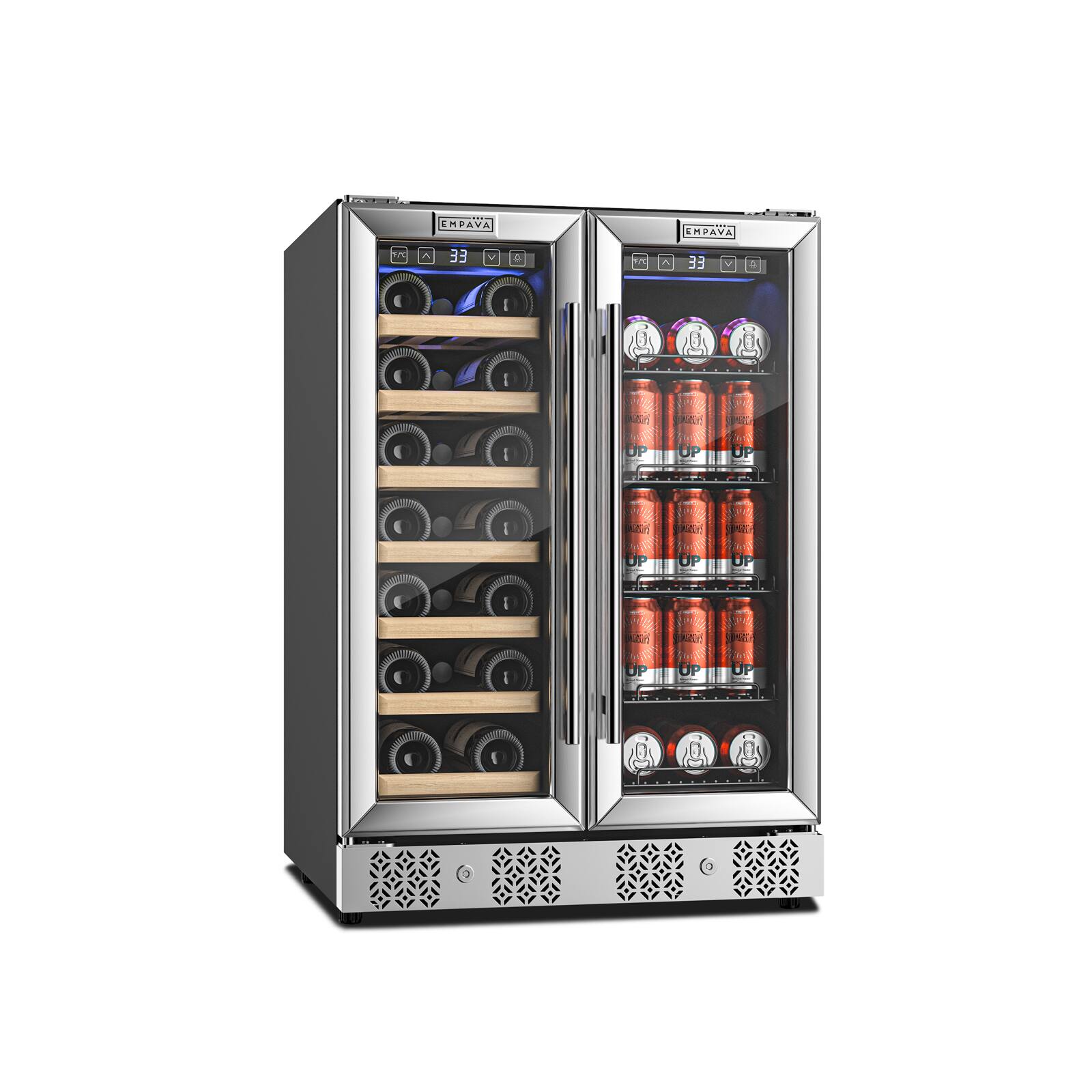 The image features a wine refrigerator with a large door that is open, revealing two shelves filled with wine bottles. There are a total of 12 wine bottles in the refrigerator, with some of them placed on the top shelf and others on the bottom shelf. The refrigerator is designed to keep the wine at the optimal temperature, ensuring that the wine remains fresh and enjoyable for consumption.