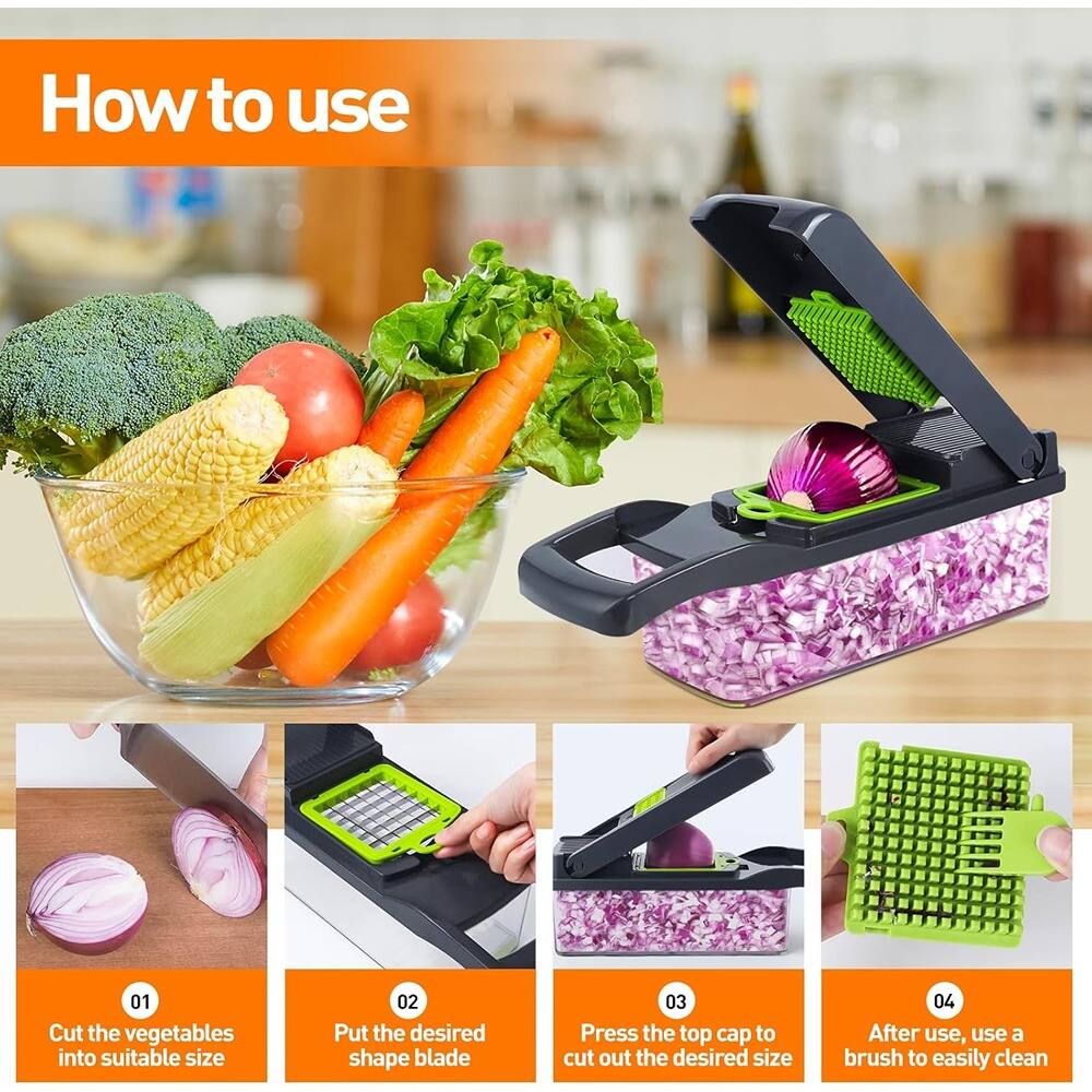 How to use

01 Cut the vegetables into suitable size

02 Put the desired shape blade

03 Press the top cap to cut out the desired size

04 After use, use a brush to easily clean