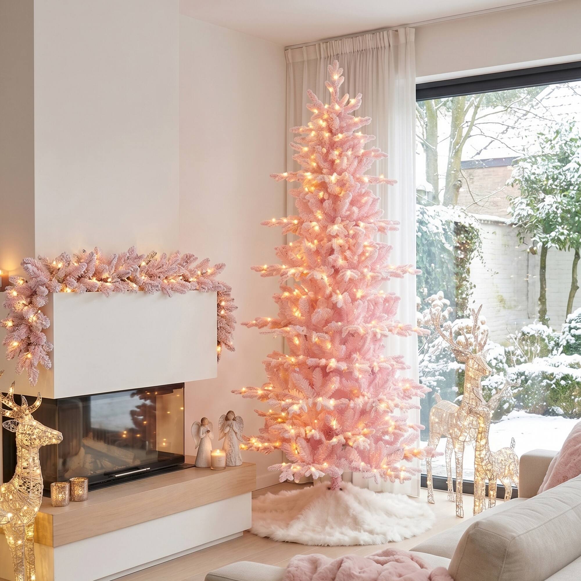 Left. Glitzhome - 7.5ft Deluxe Pre-Lit Flocked Slim Fir Artificial Christmas Tree with 360 Lights - Pink.