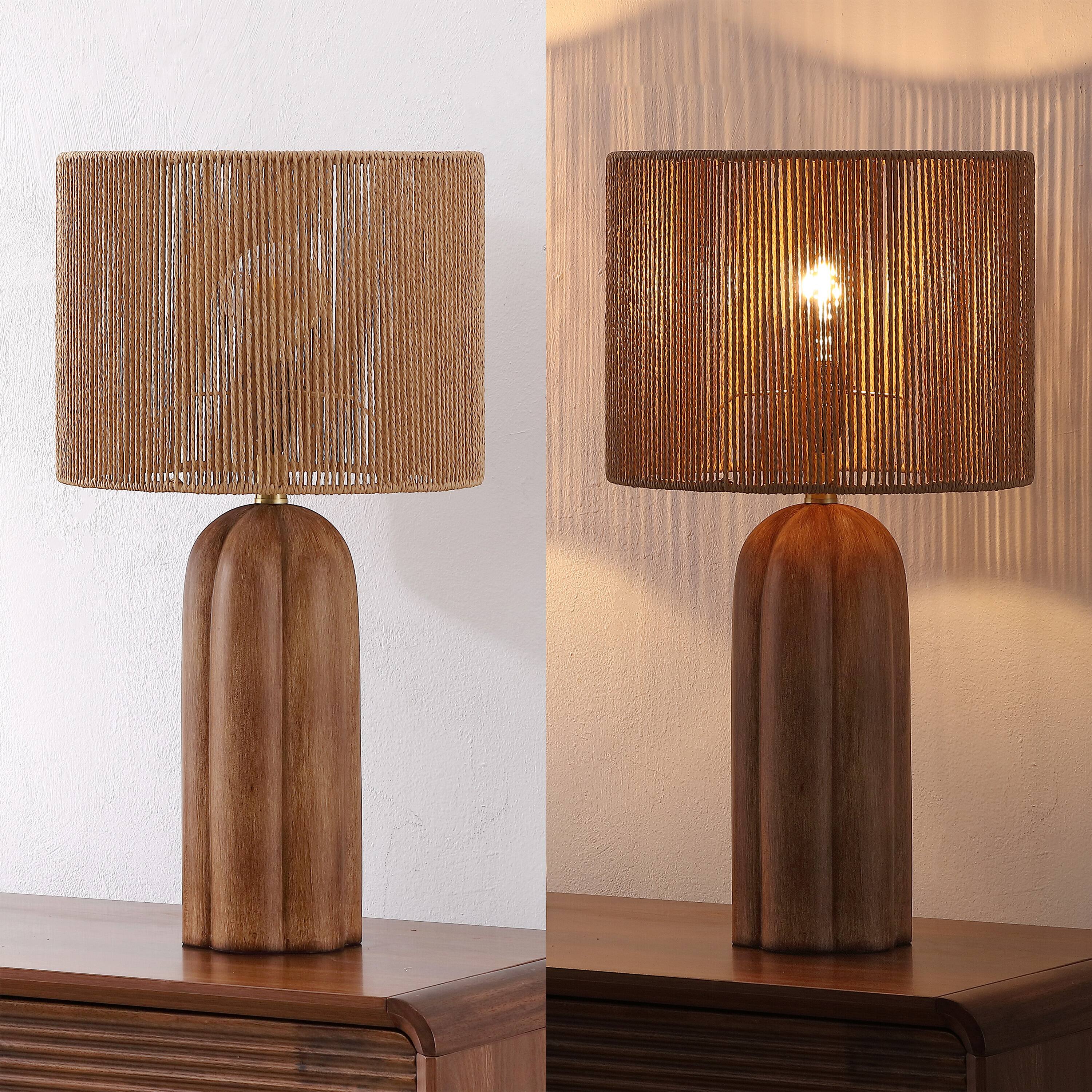 Alt View 6. Jonathan Y - Hazel 24 in. Fluted Scalloped Cylinder Resin with Paper Rope Drum Shade LED Table Lamp, Brown Wood Finish (Set of 2) - Brown Wood Finish.