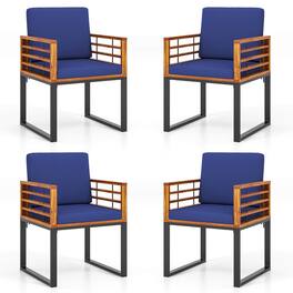 Costway - Acacia Wood Outdoor Dining Chairs Set of 4 with Soft Cushions & Metal Frame - Navy