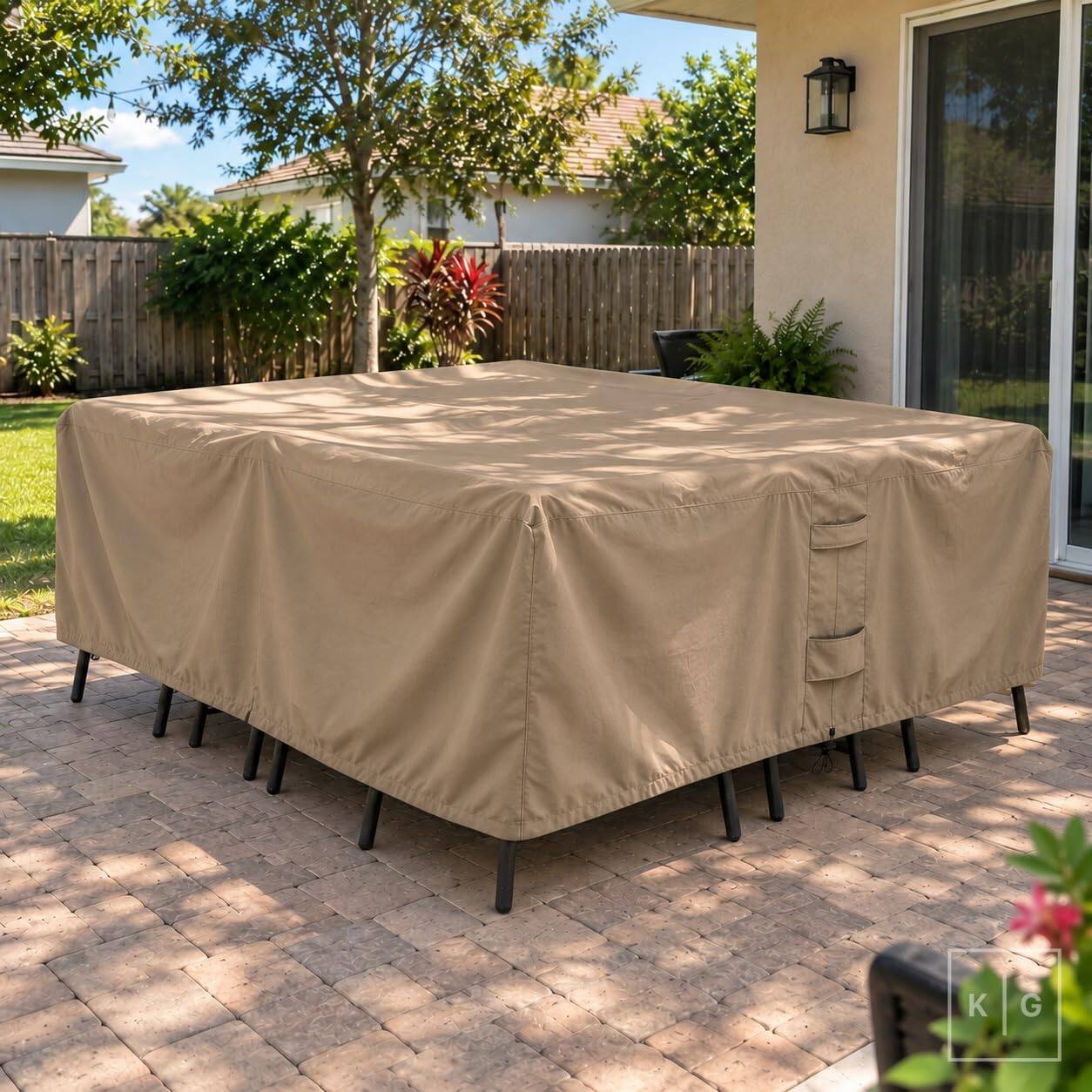 Alt View 4. KHOMO GEAR - Patio Furniture Cover Waterproof, Rectangular Outdoor Table and Chair Set Cover, Fits 6-8 Chairs - 128"L x 82"W x 25"H - Brown.