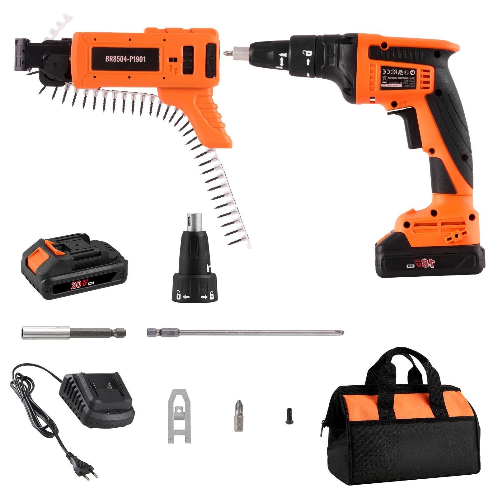 Glintex - Drywall Screw Gun Auto-Feed, 20V Max Collated Cordless Screwdriver, 4200RPM, 2 Batteries, Charger, Tool Bag