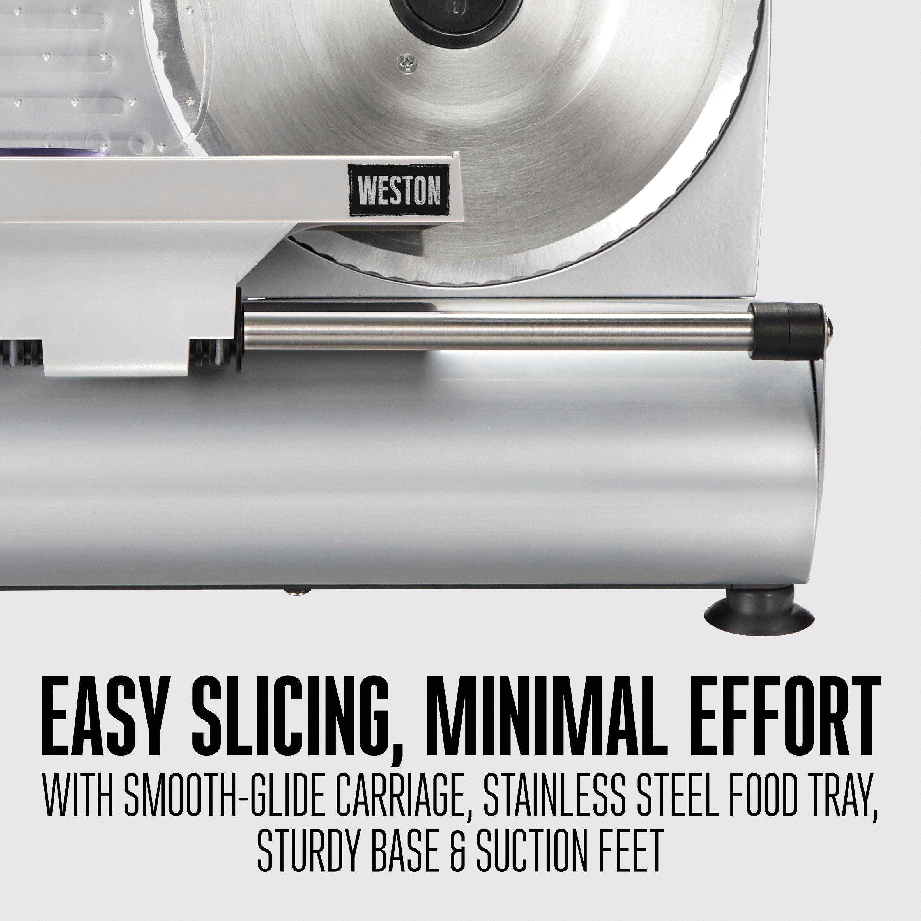 EASY SLICING, MINIMAL EFFORT  
WITH SMOOTH-GLIDE CARRIAGE, STAINLESS STEEL FOOD TRAY, STURDY BASE & SUCTION FEET