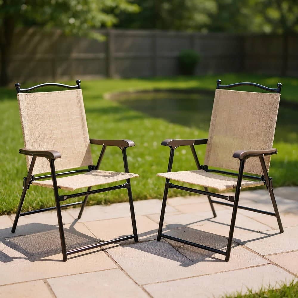 Kadyn - Set of 2 Patio Folding Sling Back Camping Deck Chairs, Outdoor Dining Chair for Outside Patio - Beige