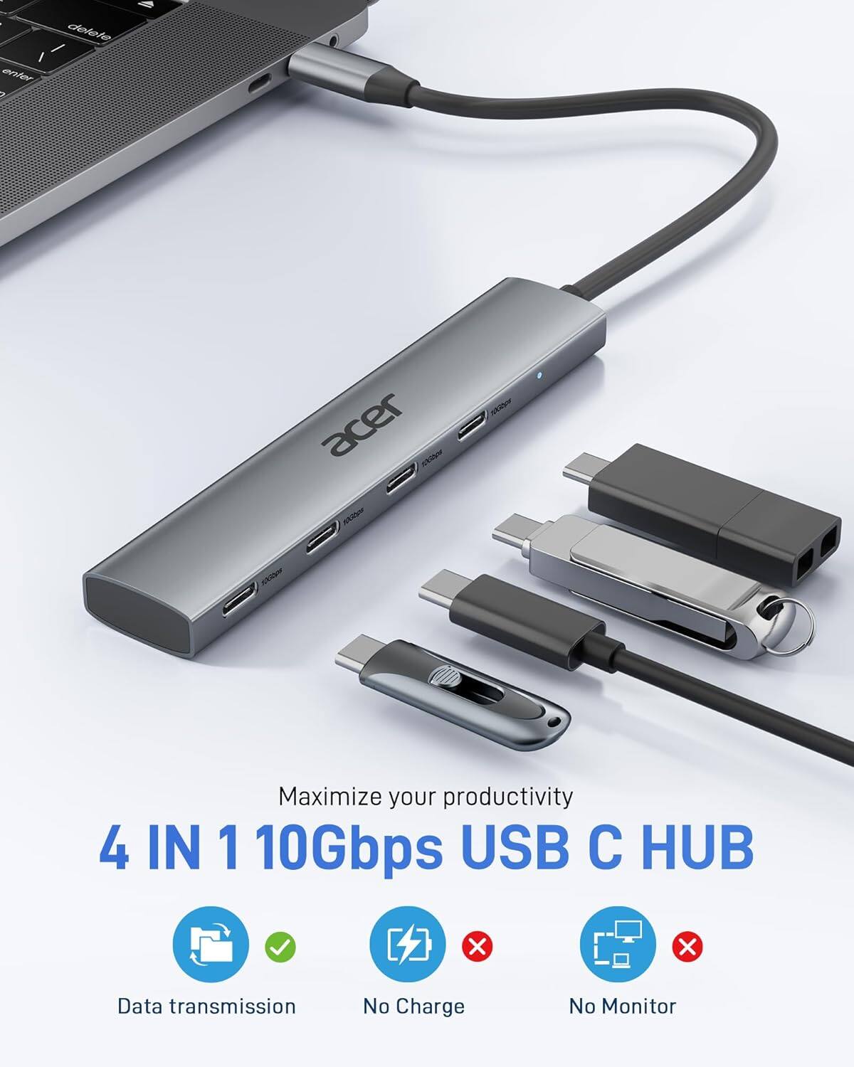 Maximize your productivity

4 IN 1 10Gbps USB C HUB

- Data transmission ✔️
- No Charge ❌
- No Monitor ❌