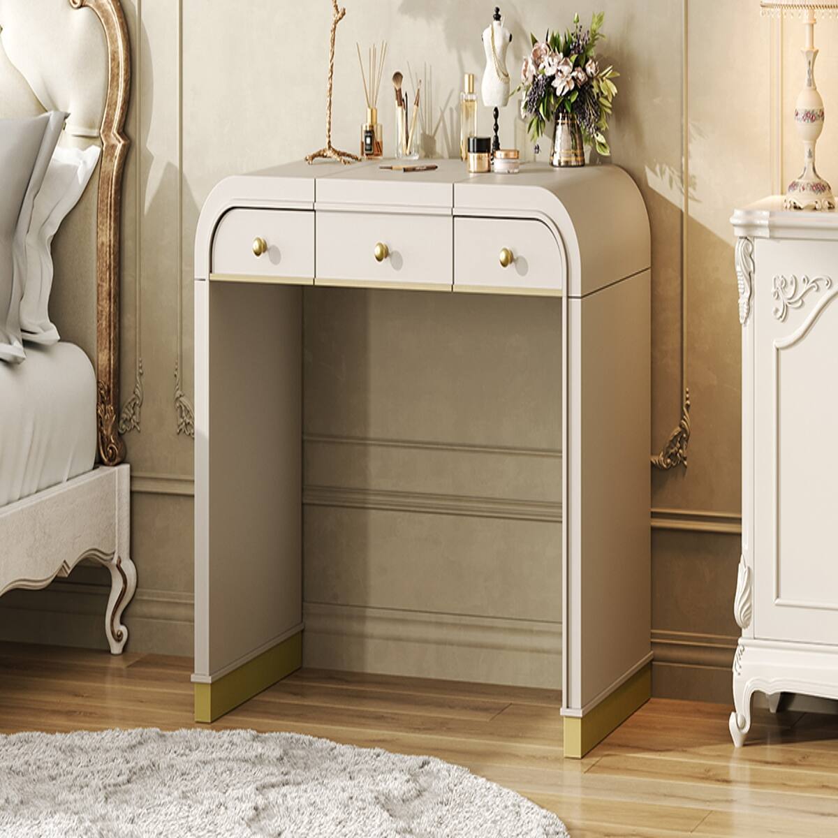 Alt View 7. Loheer - Loheer Vanity Desk with Flip-Up Mirror 3-in-1 Champagne Finish with Two Drawers - Champagne.