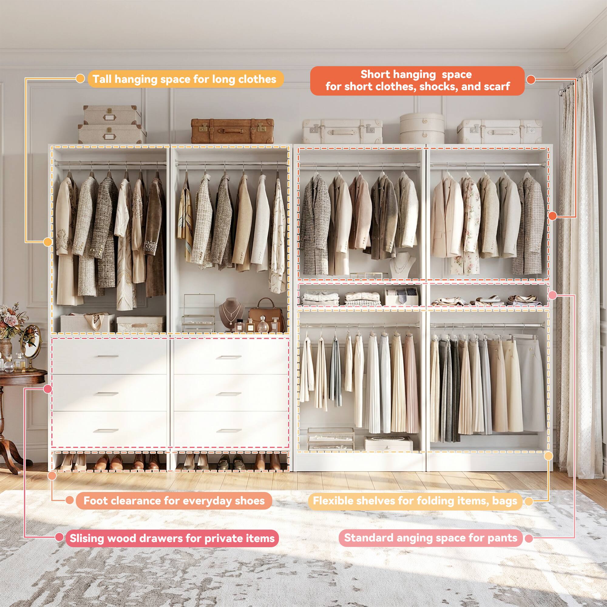 Tall hanging space for long clothes  
Short hanging space for short clothes, shirts, and scarves  
Foot clearance for everyday shoes  
Flexible shelves for folding items, bags  
Sliding wood drawers for private items  
Standard hanging space for pants