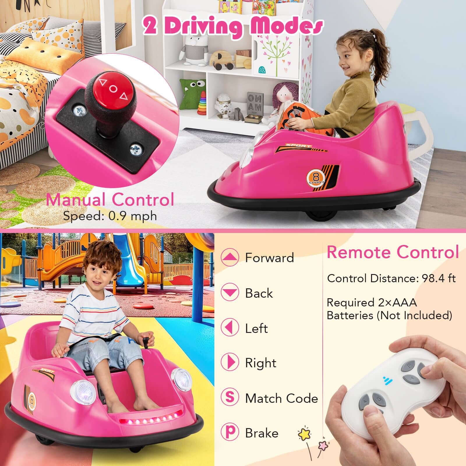 2 Driving Modes

Manual Control  
Speed: 0.9 mph

Remote Control  
Control Distance: 98.4 ft  
Required 2xAAA Batteries (Not Included)

Forward  
Back  
Left  
Right  
Match Code  
Brake