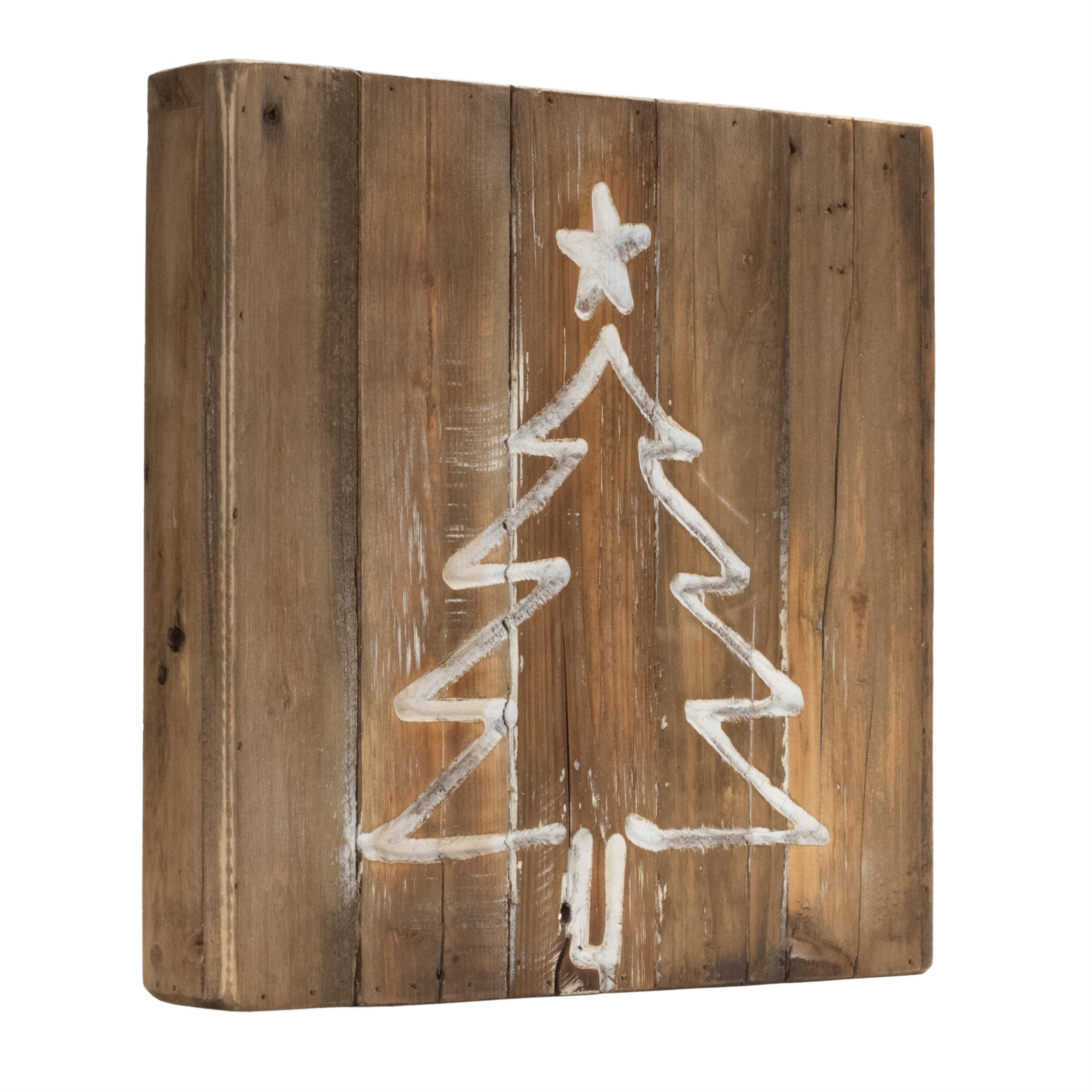 Alt View 2. BreeBe - Distressed Wood Snowflake and Tree Block (Set of 2) - Brown, White.