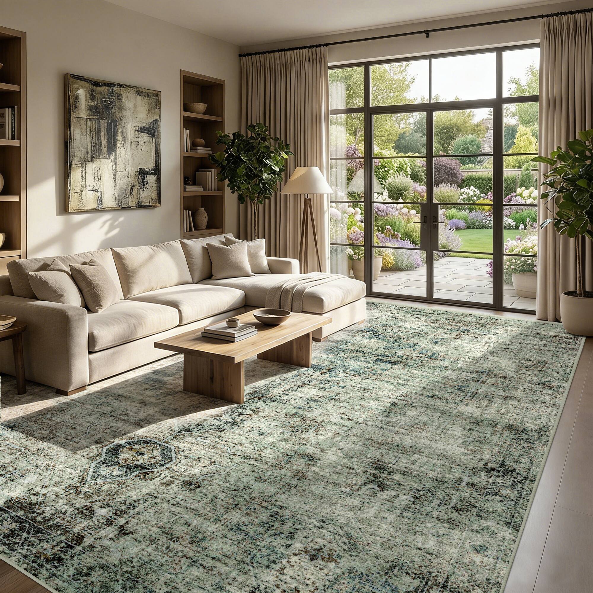 Alt View 5. KERDOM - Boho Vintage Large Area Rug 8x10 ft Machine Washable for Living Room, Bedroom & Dining Room, Non Slip Soft Low Pile Thin - Moss Green.