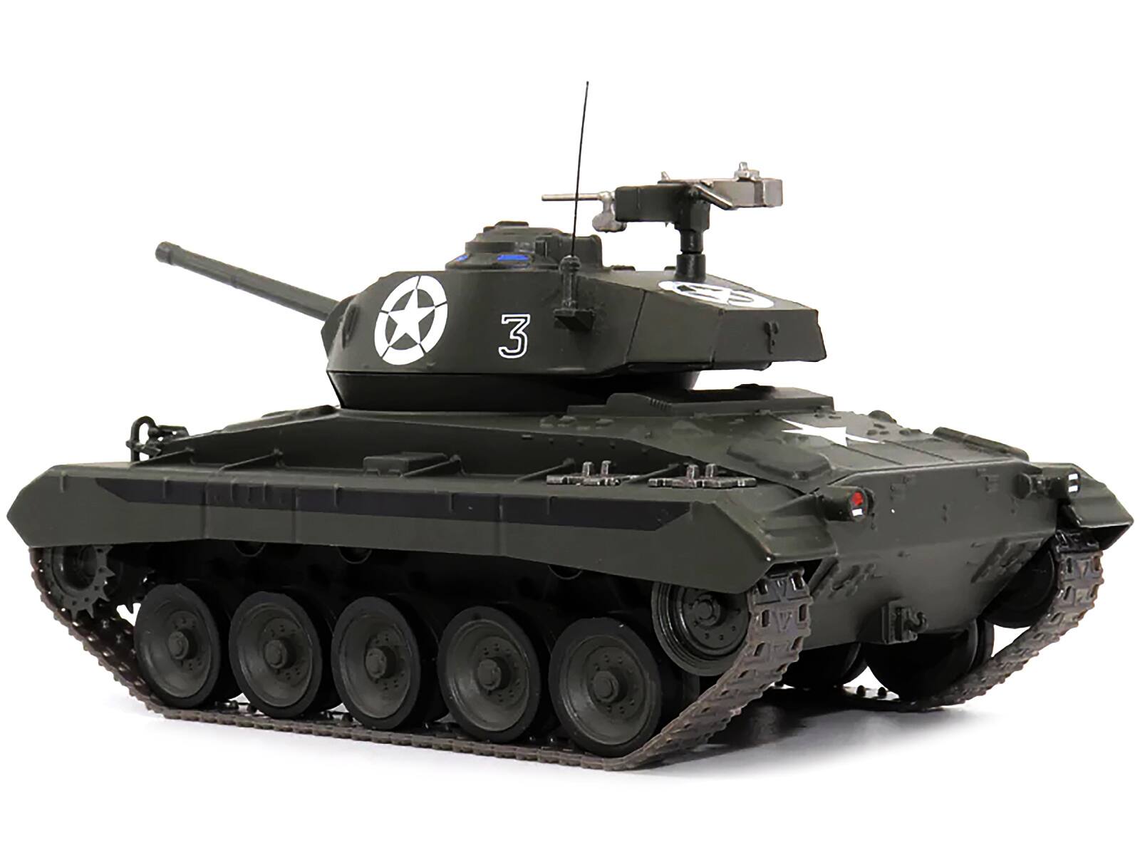 Angle. AFV's of WWII - M24 "Chaffee" Tank #3 "U.S.A. 1st Armored Division Italy April 1945" 1/43 Diecast Model by AFVs of WWII - Green.